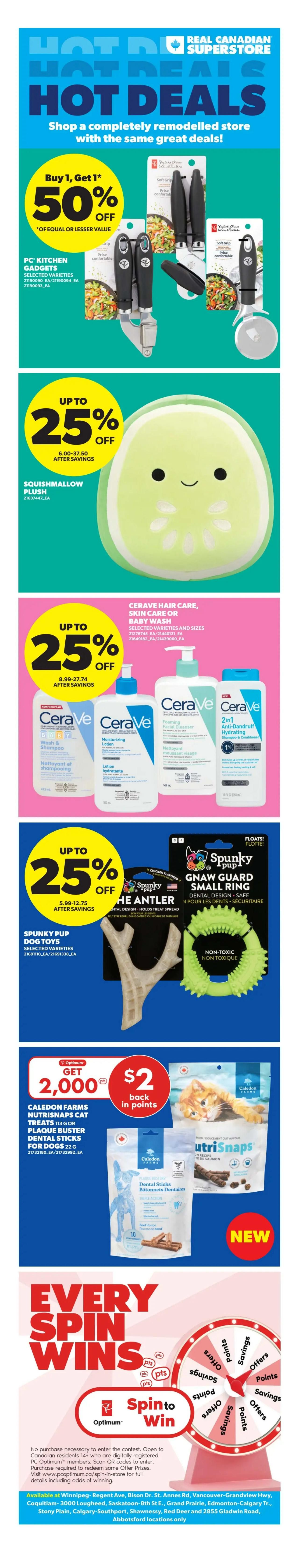 Real Canadian Superstore weekly flyer specials page 2. Features a 'Fresh Promise' guarantee. Sale items include Broccoli Crowns for $1.99/lb, Cantaloupe for a hot deal of $2.99, Farmer's Market Grape Tomatoes (Club Size) for $5.99, and No Name Naturally Imperfect Apples (6 lb bag) for $7. Also on sale are PC Chopped Salad selected varieties for $4.50, PC Loads of Garlic Caesar Salad Kit, and PC Sweet Kale Chou Frise Sucre Salad Kit.
