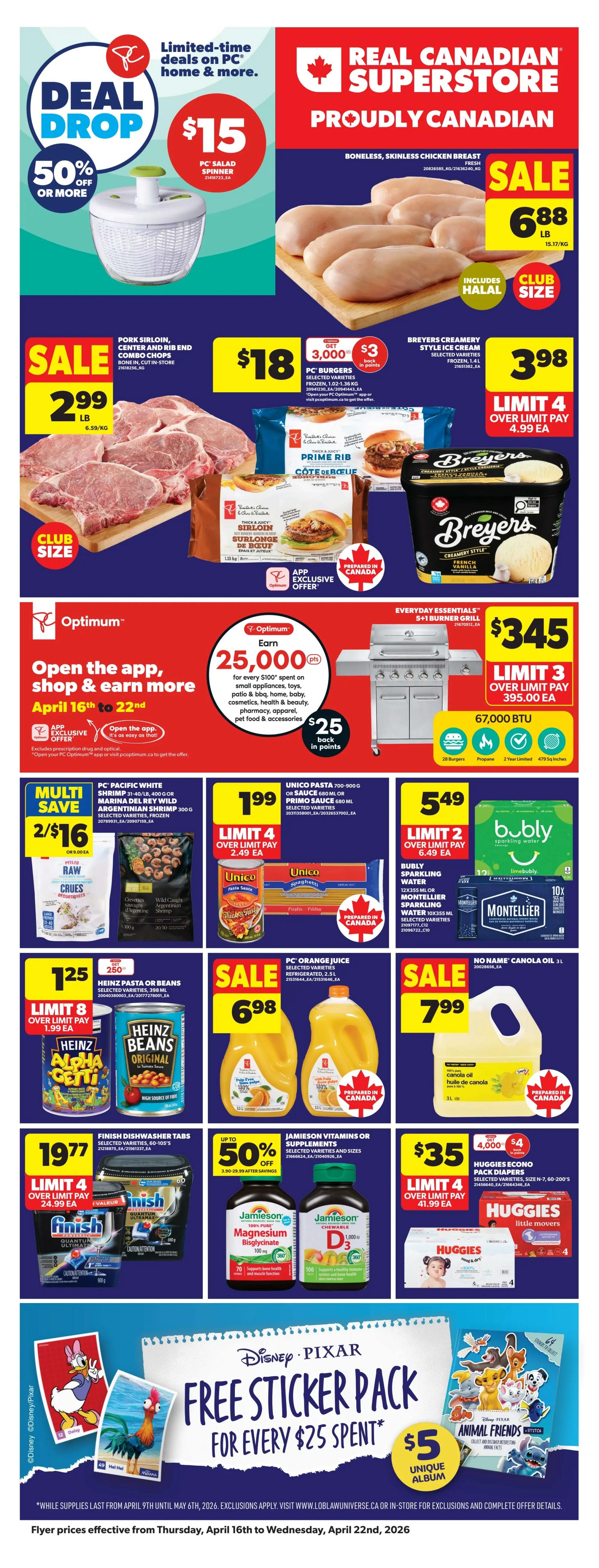 Real Canadian Superstore weekly flyer specials page 1. Hot Deals section features Buy 1, Get 1 50% off PC Kitchen Gadgets, selected varieties, including a pizza cutter and garlic press. Also, up to 25% off Squishmallow Plush toys, priced between $6.00 - $37.50 after savings. CeraVe Hair Care, Skin Care, or Baby Wash products are up to 25% off, with prices ranging from $8.99 - $27.74 after savings. Spunky Pup Dog Toys, selected varieties, are up to 25% off, with prices from $5.99 - $12.75 after savings, including the Gnaw Guard Small Ring and The Antler chew toys. Get 2,000 PC Optimum points when you buy Caledon Farms NutriSnaps Cat Treats (113 g) or Plaque Buster Dental Sticks for Dogs (22 g). Features a new product section with NutriSnaps. The bottom of the page highlights 'Every Spin Wins' with a PC Optimum Spin to Win contest. No purchase necessary to enter. Open to Canadian residents 14+ who are digitally registered PC Optimum members. Visit pcoptimum.ca/spin-in-store for full details. Available at select locations in Winnipeg, Vancouver, Coquitlam, Saskatoon, Grand Prairie, Edmonton, Calgary, Stony Plain, Red Deer, and Abbotsford.