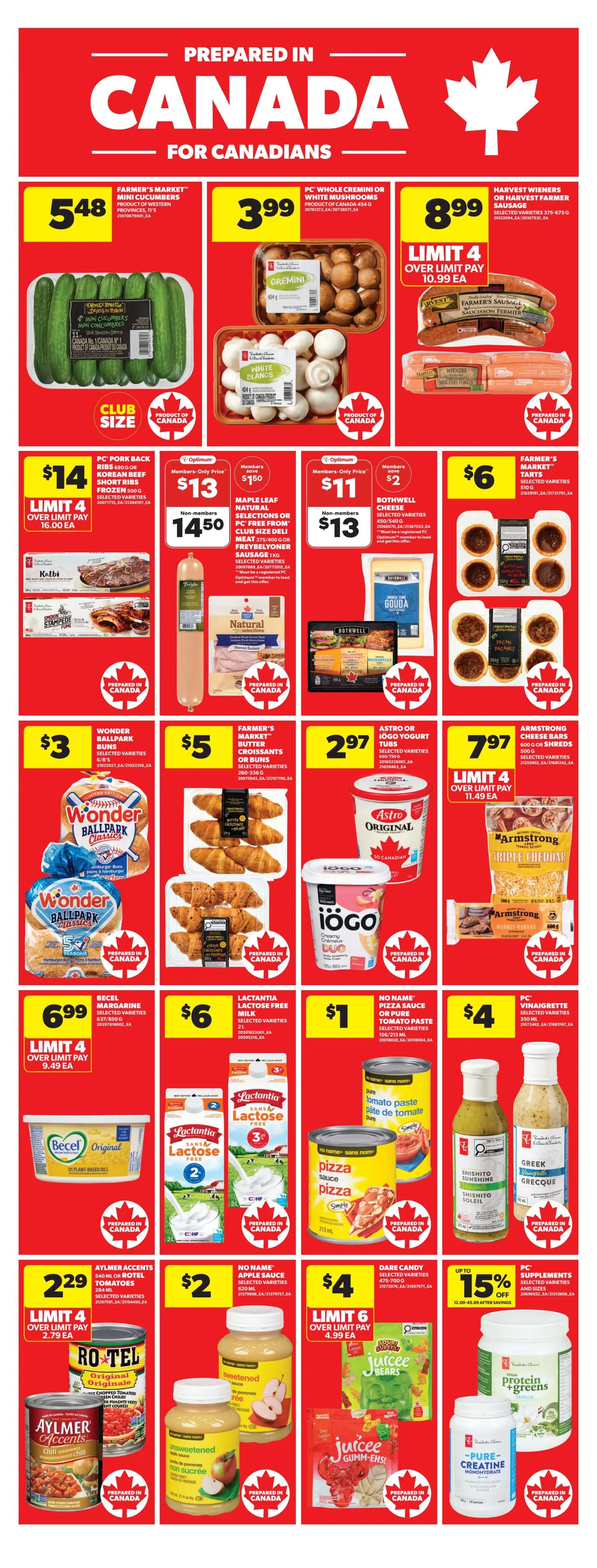 Real Canadian Superstore weekly flyer specials for Western Canada, Page 8. Featured items include Farmer's Market Mini Cucumbers for $5.48, PC Whole Cremini or White Mushrooms for $3.99, and Harvest Wieners or Farmer Sausage for $8.99 with a limit of 4. Also available are PC Pork Back Ribs or Korean Beef Short Ribs for $14 (limit 4), Maple Leaf Natural Selections or PC Free From Deli Meat for $13 (non-members $14.50), and Bothwell Cheese for $11 (non-members $13). Farmer's Market Tarts are $6. Wonderpark Ballpark Buns are $3, Farmer's Market Butter Croissants or Buns are $5, and Astro Yogurt is $2.97. Armstrong Cheese Bars are $7.97. Becel Margarine is $6.99 (limit 4), Lactantia Lactose Free Milk is $6, and No Name Pizza Sauce or Tomato Paste is $1. PC Vinaigrette is $4. Aylmer Accents Ro Tel Tomatoes are $2.29 (limit 4), No Name Apple Sauce is $2 (limit 6), and Dare Candy is $4 (limit 6). PC Supplements are up to 15% off, including Protein + Greens and Pure Creatine Monohydrate.