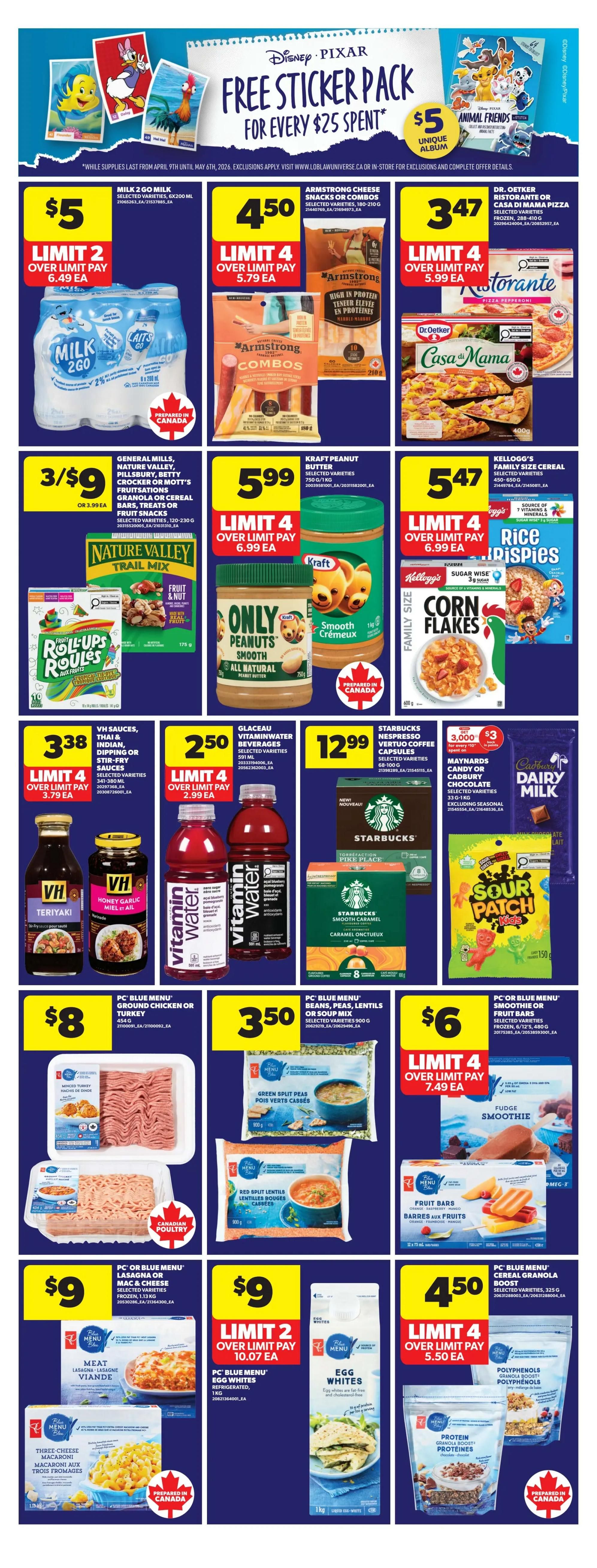 Real Canadian Superstore weekly flyer specials page 11 features a Disney Pixar free sticker pack for every $25 spent. Deals include Milk 2 Go for $5, Armstrong cheese snacks or combos for $4.50, and Dr. Oetker Ristorante or Casa di Mama pizza for $3.47. Kraft Peanut Butter is $5.99, and Kellogg's Family Size Cereal, including Corn Flakes and Rice Krispies, is $5.47. General Mills, Nature Valley, Pillsbury, Betty Crocker bars, treats, or fruit snacks are 3 for $9. VH sauces are $3.38. Glaceau Vitaminwater is $2.50. Starbucks Nespresso Vertuo coffee capsules are $12.99. Maynards candy or Cadbury Dairy Milk chocolate bars are 3,000 for $3. PC Blue Menu ground chicken or turkey is $8. PC Blue Menu beans, peas, lentils or soup mix is $3.50. PC Blue Menu fruit bars are $6. PC Blue Menu lasagna or mac & cheese is $9. PC Blue Menu egg whites are $9. PC Blue Menu cereal granola boost is $4.50.