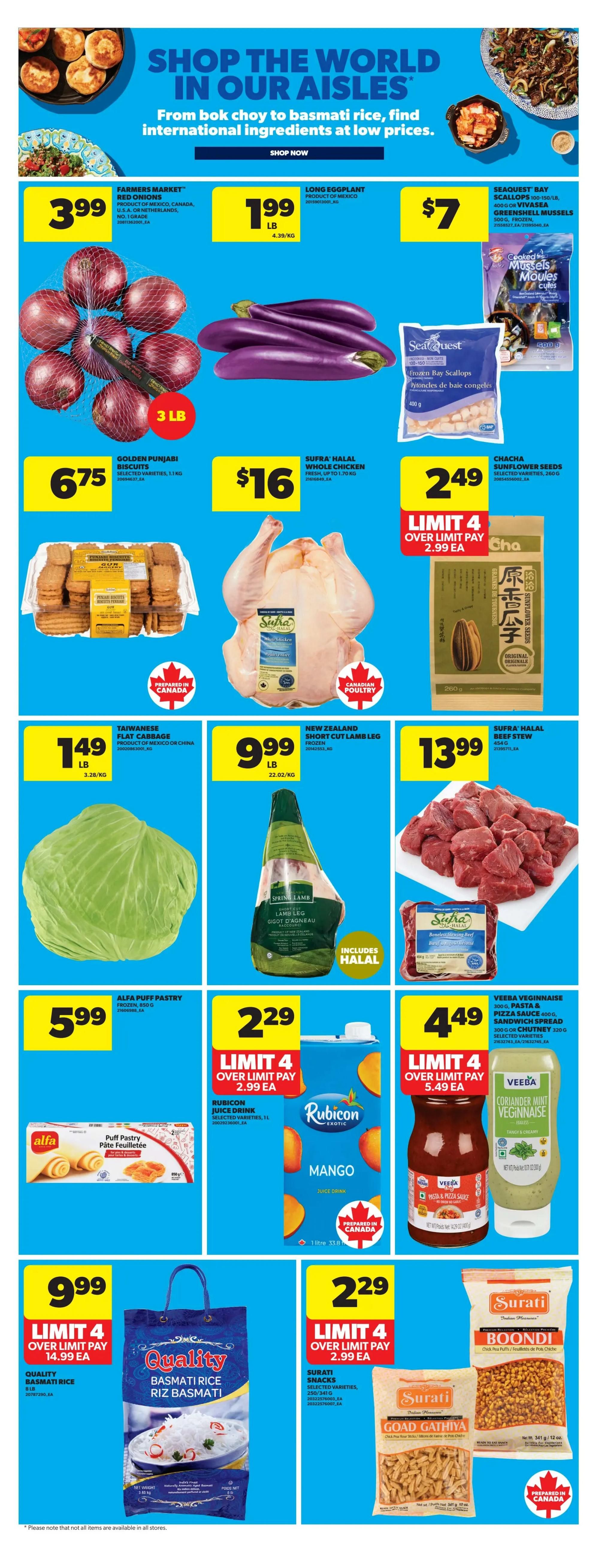 Real Canadian Superstore weekly flyer specials page 13 features a 'Shop the World in Our Aisles' theme. Featured products include Farmers Market Red Onions for $3.99, Long Eggplant for $1.99 per lb, and Seaquest Bay Scallops and Vivasea Greenshell Mussels for $7. Golden Punjabi Biscuits are $6.75. Sufra Halal Whole Chicken is $16. Chacha Sunflower Seeds are $2.49 with a limit of 4 over limit pay $2.99 each. Taiwanese Flat Cabbage is $1.49 per lb. New Zealand Short Cut Lamb Leg is $9.99 per lb. Sufra Halal Beef Stew is $13.99. Alfa Puff Pastry is $5.99. Rubicon Juice Drink in Mango flavour is $2.29 with a limit of 4 over limit pay $2.99 each. Veeba Veginnaise Pasta & Pizza Sauce and Sandwich Spread are $4.49 with a limit of 4 over limit pay $5.49 each. Quality Basmati Rice is $9.99 with a limit of 4 over limit pay $14.99 each. Surati Snacks, including Boondi and Goad Gathiya, are $2.29 with a limit of 4 over limit pay $2.99 each.