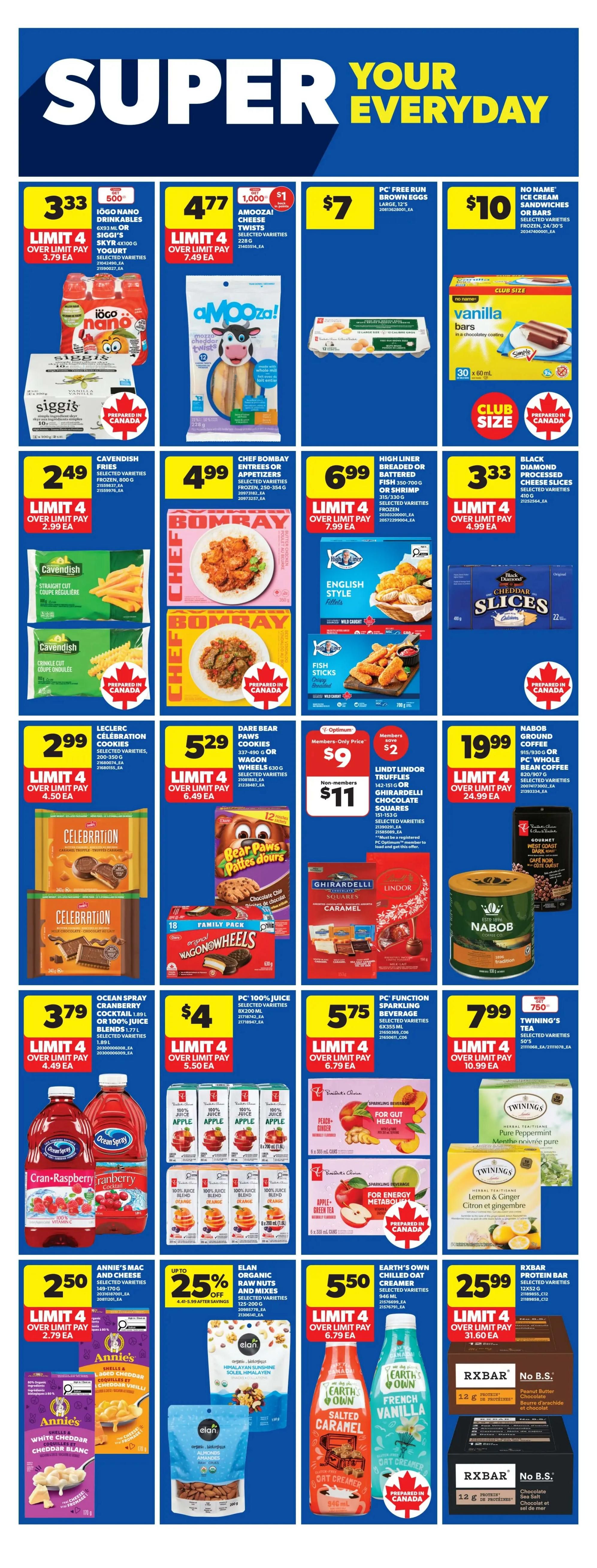 Real Canadian Superstore weekly flyer specials page 20 features a variety of products. Iögo Nano Drinkables and Siggi's Yogurt are on sale for $3.33 each, limit 4. Amooza! Cheese Twists are $4.77, limit 4. PC Free Run Brown Eggs (large, 12's) are $7. No Name Vanilla Bars (club size, 30 x 60 mL) are $10. Cavendish Fries (frozen, 750-800 g) are $2.49, limit 4. Chef Bombay Entrees or Appetizers (frozen, 225-354 g) are $4.99, limit 4. High Liner Breaded or Battered Fish (frozen, 350-700 g) or Shrimp are $6.99, limit 4. Black Diamond Processed Cheese Slices (410 g) are $3.33, limit 4. Leclerc Celebration Cookies (200-350 g) are $2.99, limit 4. Dare Brand Paws Cookies (337-490 g) or Wagon Wheels (630 g) are $5.29, limit 4. Lindt Lindor Truffles (142-151 g) are $9 for members, $11 for non-members. Nabob Ground Coffee (915/930 g) or PC Whole Bean Coffee are $19.99, limit 4. Ocean Spray Cranberry, Cran-Raspberry, or 100% Juice Blends (1.77 L) are $3.79, limit 4. PC 100% Juice (selected varieties, 2x200 mL) are $4, limit 4. PC Function Sparkling Beverage (selected varieties, 2x355 mL) are $5.75, limit 4. Twinings Tea (selected varieties, 50's) are $7.99, limit 4. Annie's Mac and Cheese (149-170 g) or Shells & Cheese (200-350 g) are $2.50, limit 4. Elan Organic Raw Nuts and Mixes (125-200 g) are up to 25% off, $4.49-$5.99 after savings. Earth's Own Chilled Oat Creamer (946 mL) in Salted Caramel or French Vanilla are $5.50, limit 4. RXBAR Protein Bars (12x32 g) are $25.99, limit 4.