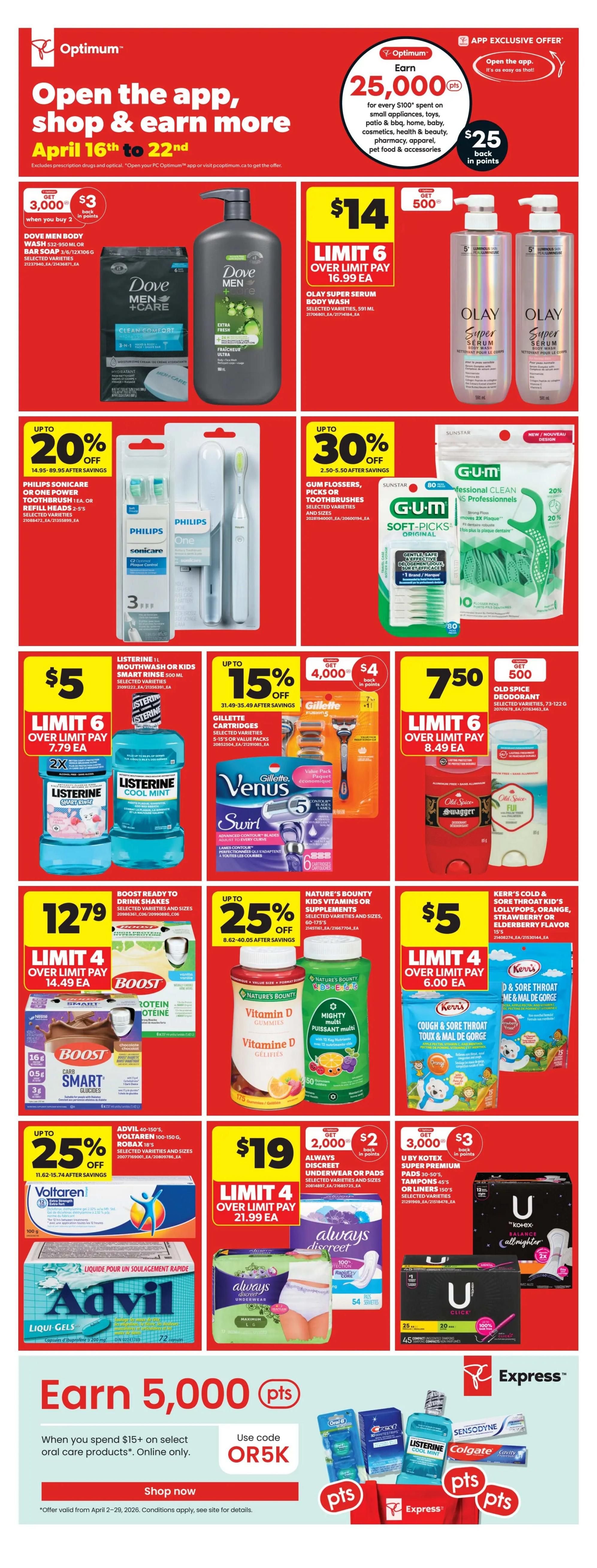 Real Canadian Superstore weekly flyer specials for Western Canada, April 16th to 22nd. Page 29 features a 'Open the app, shop & earn more' promotion with up to 25,000 Optimum points back on $100 spent in select categories. Deals include Dove Men+Care body wash or bar soap for $3 when you buy 2, with 3,000 bonus points. Olay Super Serum body wash is $14 (limit 6). Philips Sonicare toothbrushes or replacement heads are up to 20% off. GUM flossers, picks or toothbrushes are up to 30% off. Listerine mouthwash is $5 (limit 6). Gillette razors are up to 15% off with 4,000 bonus points back. Old Spice deodorant is $7.50 (limit 6). Boost Ready to Drink shakes are $12.79 (limit 4). Nature's Bounty Kids Vitamins or Supplements are up to 25% off. Kerr's Cold & Sore Throat Kid's lollipops are $5 (limit 4). Volataren 100-150g and Robax 75's are up to 25% off. Always Discreet underwear or pads are $19 (limit 4). U by Kotex Super Premium pads or tampons are $19 with 3,000 bonus points back. Earn 5,000 points when you spend $15+ on select oral care products online with code OR5K. Featured oral care products include Oral-B, Crest, Listerine, and Sensodyne.