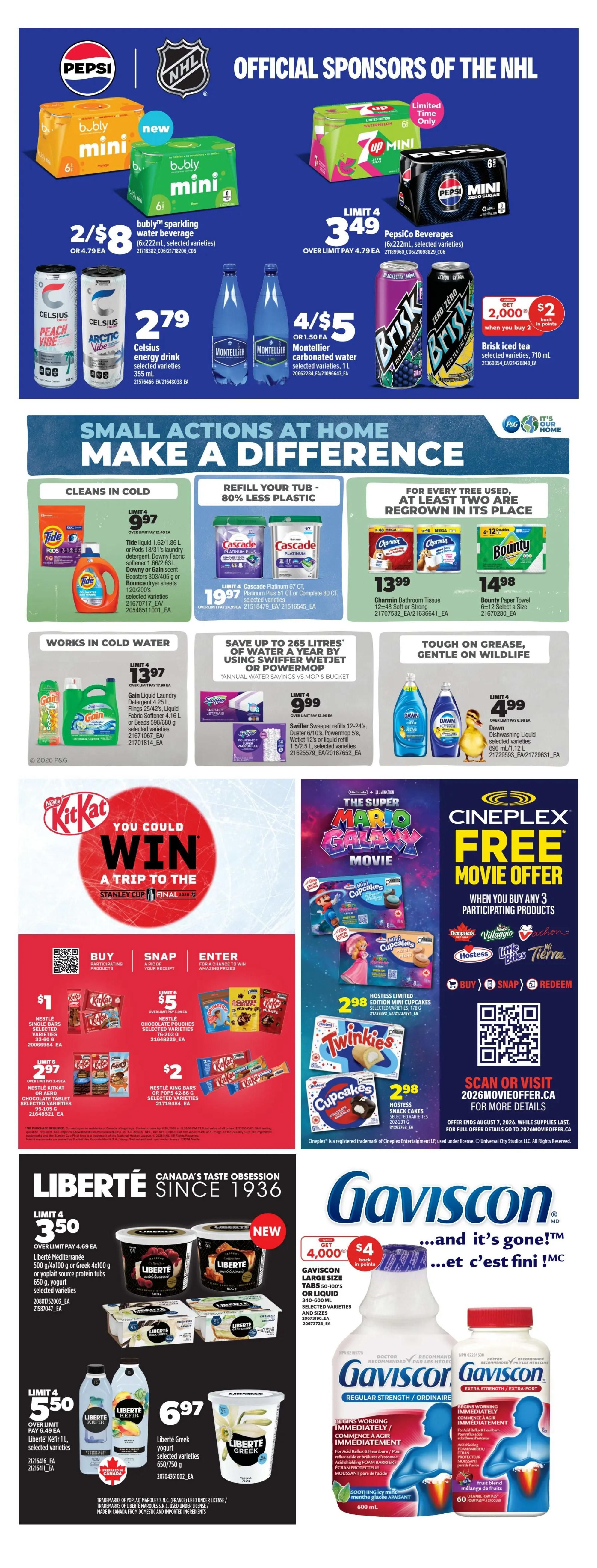 Real Canadian Superstore weekly flyer specials page 39 features Pepsi and NHL official sponsorships with deals on Bubly sparkling water, 2 for $8, and PepsiCo beverages, limit 4, for $3.49. Also find Celsius energy drinks for $2.79 and Montellier carbonated water, 4 for $5. Small actions at home include Tide Pods or liquid detergent for $9.97, Cascade Platinum dishwasher detergent for $19.97, and Charmin bathroom tissue for $13.99. Bounty paper towels are $14.98. Gain liquid laundry detergent is $13.97. Swiffer Sweeper refills are $9.99. Dawn dishwashing liquid is $4.99. The page also highlights a Kit Kat contest to win a trip to the Stanley Cup Final with various Kit Kat products on sale, including single bars for $1, chocolate pouches for $5, and King Size bars for $2.97. Cineplex offers a free movie offer when you buy 3 participating Hostess products, including Mini Cupcakes for $2.98 and Twinkies for $2.98. Liberté yogurt is featured with 4x 100g or 500g tubs for $4.69, and Liberté Kefir 1L for $5.50. Liberté Greek yogurt is $6.97. Gaviscon large size tabs or liquid are available with a $4 back in points offer.