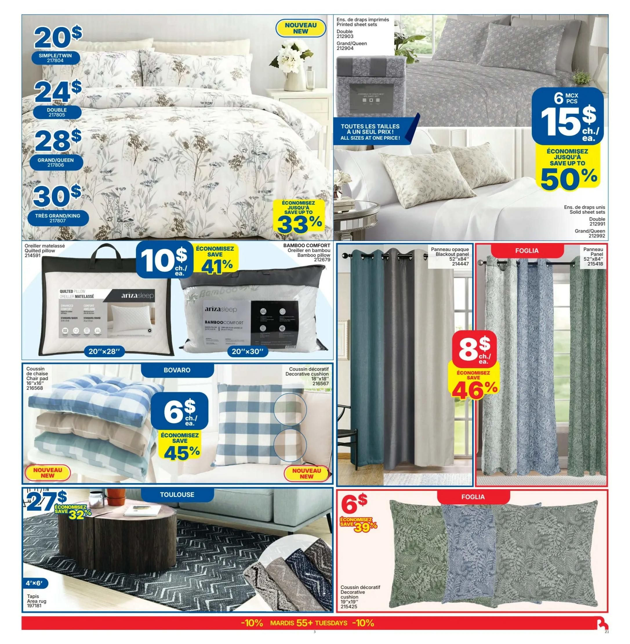 Rossy Weekly Flyer Specials, Page 3. Featuring bedding and home decor. Offers include printed sheet sets in Double for $20, Grand/Queen for $24, and Très Grand/King for $30, with savings up to 33%. Solid sheet sets are available for $15 each, with savings up to 50%. Quilted pillows are $10 each, and Bamboo Comfort pillows are also $10 each, saving 41%. Bovaro chair pads are $6 each, saving 45%. New arrivals include decorative cushions. A Toulouse area rug, 4'x6', is on sale for $27, saving 32%. Foglia blackout panels are $8 each, saving 46%. Decorative cushions are also available. Special offer: -10% on Tuesdays for ages 55+.