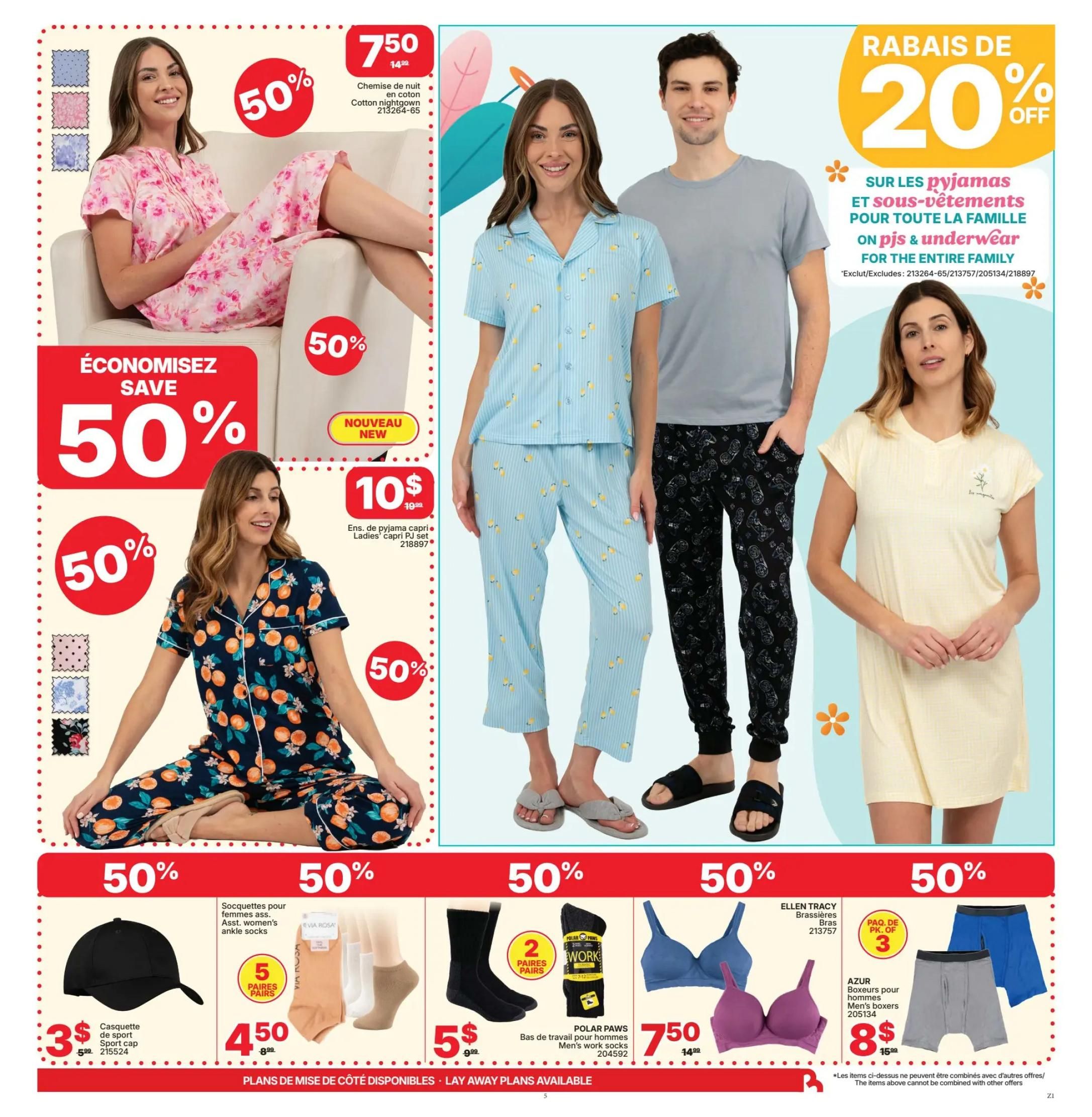 Rossy Weekly Flyer Specials, Page 5. Features a 50% off sale on various sleepwear and undergarments. On the left, a woman models a pink floral cotton nightgown, originally $14.99, now $7.50. Another woman is shown in a navy blue pajama set with an orange fruit print, also 50% off. In the centre, a couple models matching light blue and black pyjama sets with a lemon and video game controller print respectively, part of a 20% off sale on pyjamas and underwear for the entire family. A yellow nightgown is also featured. Below, find a black sport cap for $3, originally $5.99. Women's ankle socks are on sale for $4.50 for 5 pairs. Polar Paws men's work socks are $5 for 2 pairs. Ellen Tracy bras are $7.50, originally $14.99. Azur men's boxers are $8 for a pack of 3, originally $15.99. Layaway plans are available.