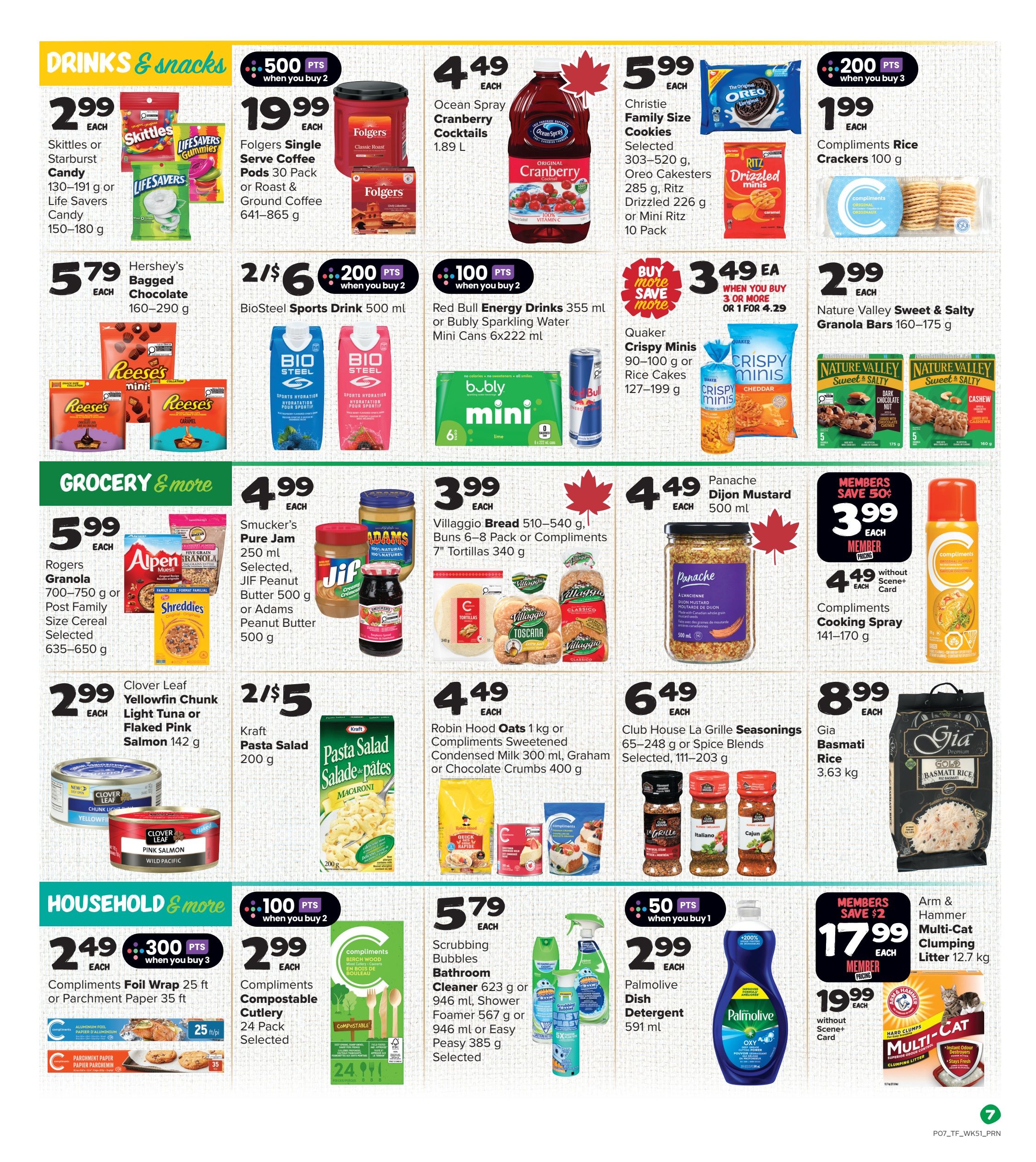 Thrifty Foods weekly flyer specials page 8 features drinks and snacks including Skittles or Starburst Candy for $2.99, Folgers Single Serve Coffee Pods or Roast & Ground Coffee for $19.99 with 500 bonus points when you buy 2, Ocean Spray Cranberry Cocktails for $4.49, Christie Family Size Cookies for $5.99, and Compliments Rice Crackers for $1.99. Also available are Hershey's Chocolate for $5.79, BioSteel Sports Drink for 2 for $6 with 200 bonus points when you buy 2, Red Bull Energy Drinks for $4.49 with 100 bonus points when you buy 2, Quaker Crispy Minis for $3.49 each or 1 for $4.29, and Nature Valley Sweet & Salty Granola Bars for $2.99. The grocery section includes Rogers Granola or Post Family Size Cereal for $5.99, Smucker's Pure Jam, JIF Peanut Butter, or Adams Peanut Butter for $4.99, Villaggio Bread or Buns for $3.99, and Panache Dijon Mustard for $4.49. Also featured are Clover Leaf Tuna for $2.99, Kraft Pasta Salad for 2 for $5, Robin Hood Oats or Compliments Sweetened Condensed Milk or Chocolate Crumbs for $4.49, Club House La Grille Seasonings or Spice Blends for $6.49, and Gia Basmati Rice for $8.99. Household and more items include Compliments Foil Wrap or Parchment Paper for $2.49 with 300 bonus points when you buy 3, Compliments Compostable Cutlery for $2.99 with 100 bonus points when you buy 2, Scrubbing Bubbles Bathroom Cleaner or Foamers for $5.79, Palmolive Dish Detergent for $2.99 with 50 bonus points when you buy 1, and Arm & Hammer Multi-Cat Clumping Litter for $17.99 member pricing or $19.99 without a Scene+ card.