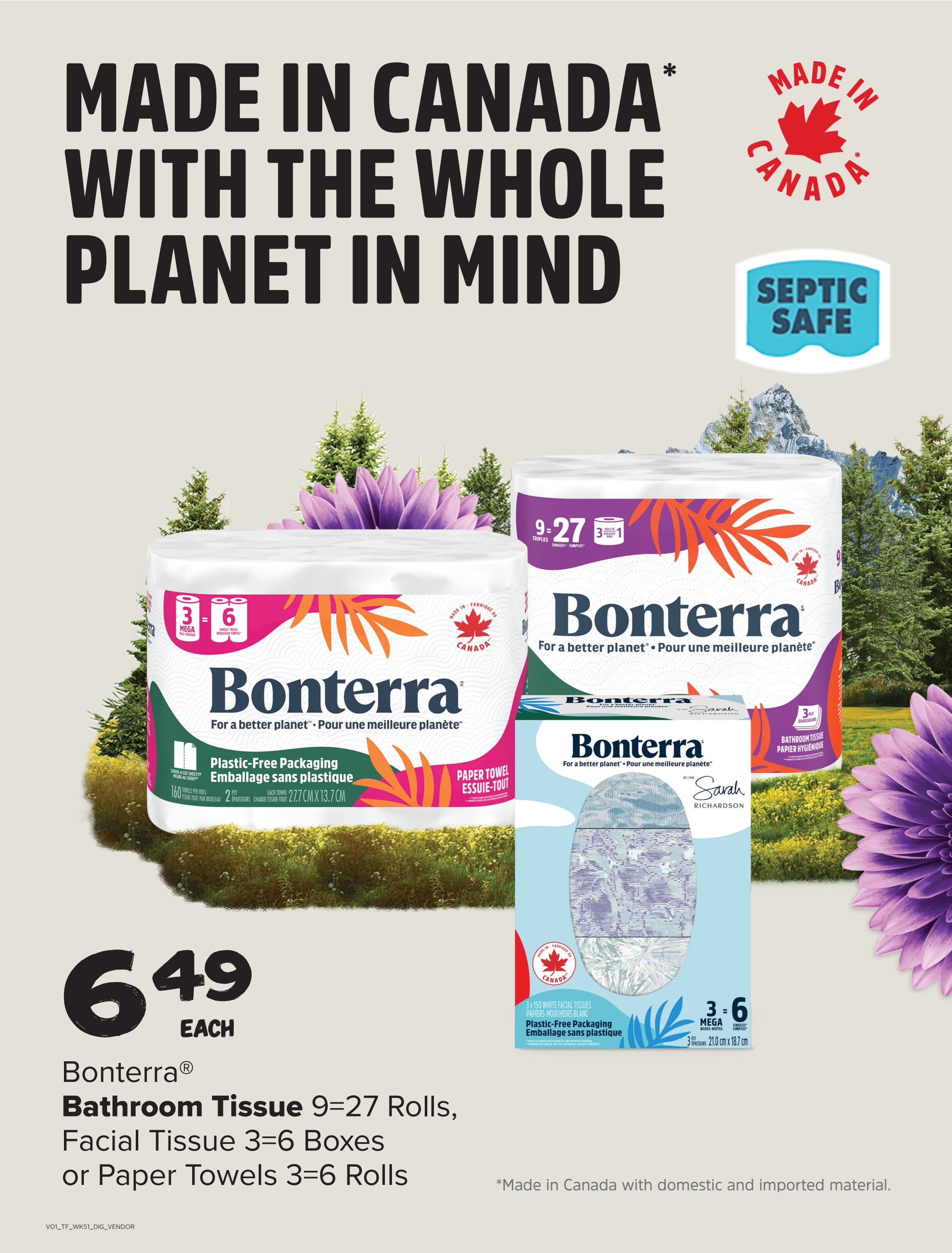 Thrifty Foods weekly flyer specials page 14 features Bonterra products made in Canada. On sale for $6.49 each are Bonterra Bathroom Tissue 9=27 Rolls, Facial Tissue 3=6 Boxes, or Paper Towels 3=6 Rolls. The products highlight plastic-free packaging and septic-safe features. Also shown is Bonterra Facial Tissues 3x150 white facial tissues, part of the Sarah Richardson collection.