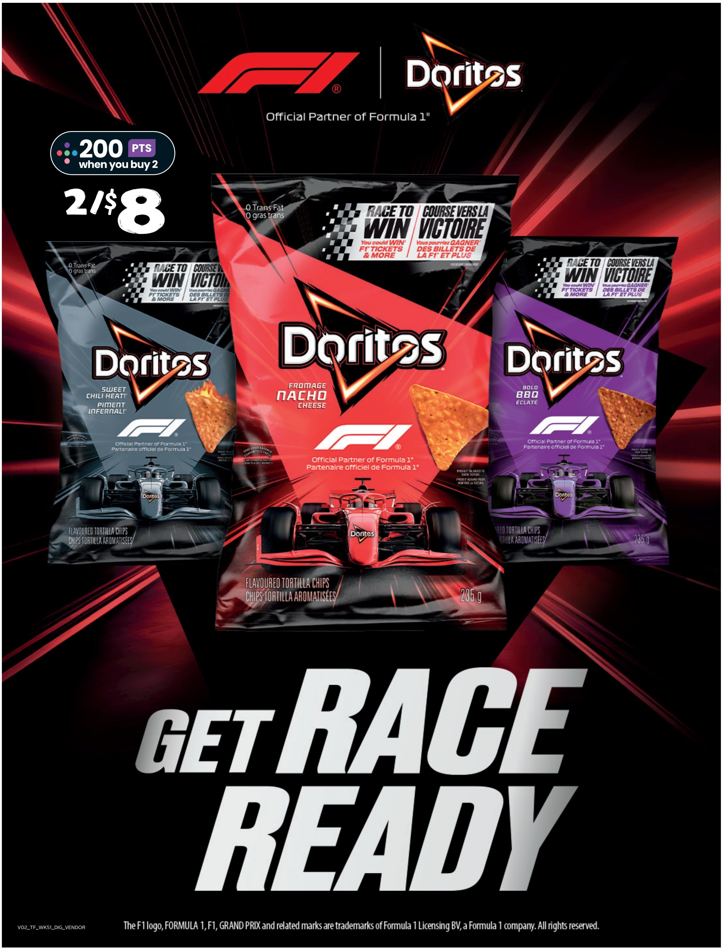 Thrifty Foods weekly flyer specials page 15 features Doritos flavoured tortilla chips in partnership with Formula 1. Get 200 bonus points when you buy 2 bags of Doritos for $8. Available flavours include Sweet Chili Heat, Nacho Cheese, and Bold BBQ. Each bag is 235g and features Formula 1 race cars. The promotion encourages customers to 'Get Race Ready'.