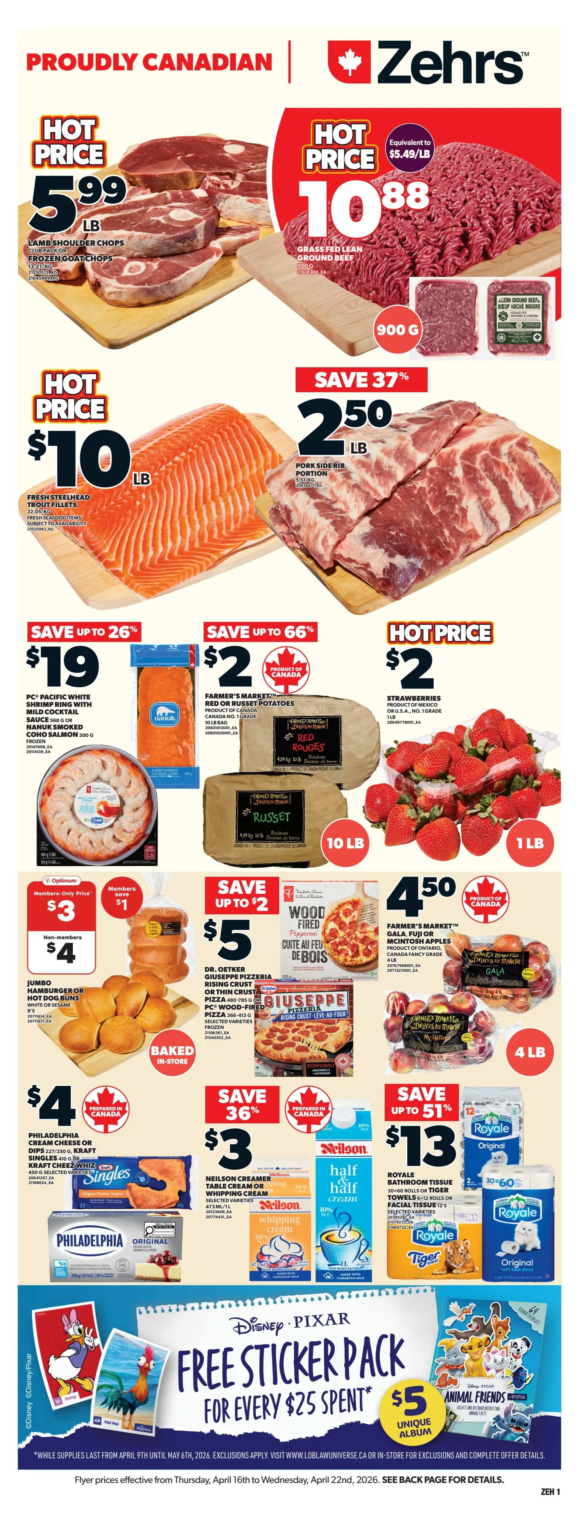 Zehrs flyer page 1 features a promotion: Score two (2) FREE chicken tenders the day after the Toronto major professional basketball team wins a playoff game. This is a Members Only offer, requiring the PC Optimum app or visiting pcoptimum.ca to load the offer. The offer is redeemable at participating Ontario Loblaws, Loblaws City Markets, and Zehrs locations. The image shows a basketball in a stadium setting, with text 'Toronto WINS you WIN', and a close-up of two chicken tenders on a red and white checkered paper. A QR code is also displayed for easy offer loading. The offer is valid for PC Optimum members and cannot be combined with other offers.