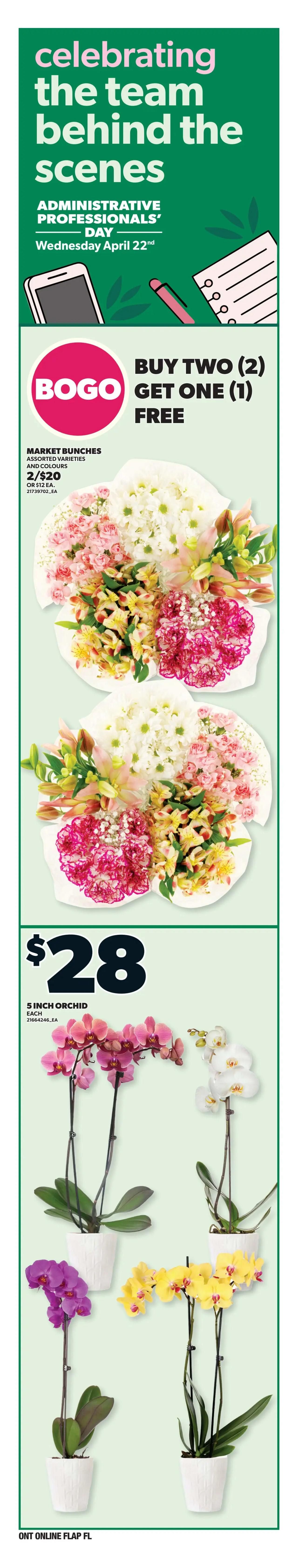 Zehrs weekly flyer specials page 8, celebrating the team behind the scenes for Administrative Professionals' Day on Wednesday, April 22nd. Features a Buy Two, Get One Free offer on Market Bunches of assorted varieties and colours, priced at 2 for $20 or $12 each. Also features 5-inch orchids for $28 each, available in pink, white, and yellow.