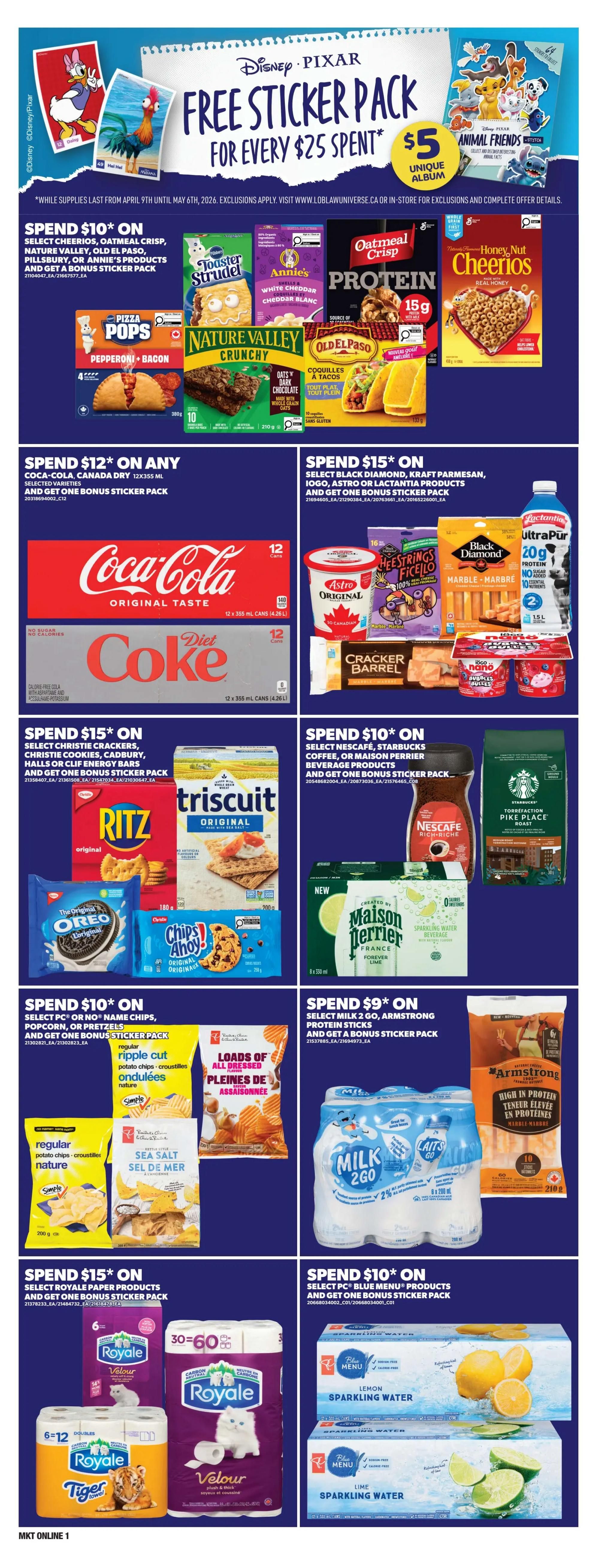 Zehrs weekly flyer page 9 features a Disney Pixar free sticker pack promotion for every $25 spent, with a $5 unique album available. Promotions include: Spend $10 on select Cheerios, Oatmeal Crisp, Nature Valley, Pillsbury, or Annie's products to get a bonus sticker pack. Also featured are Pizza Pops Pepperoni & Bacon, Nature Valley Crunchy Oats & Dark Chocolate, and Old El Paso Coquilles a Tacos. Spend $12 on any Coca-Cola or Canada Dry 12x355ml cans to get a bonus sticker pack. Spend $15 on select Black Diamond, Kraft Parmesan, Iogo, Astro, or Lactantia products to get a bonus sticker pack, including Astro Original, Heestrings Ficello, Black Diamond Marble Harbre, and UltraPur Lactantia. Spend $15 on select Christie Cookies, Christie Crackers, Cadbury, Halls, or Clif Energy Bars to get a bonus sticker pack. Spend $10 on select Nescafé, Coffee, or Maison Perrier beverage products to get a bonus sticker pack, featuring Nescafé Rich, Maison Perrier Sparkling Water in Lime, and Starbucks Pike Place Roast. Spend $10 on select PC or No Name chips, popcorn, or pretzels to get a bonus sticker pack, including PC Ripple Cut Potato Chips and Loads of All Dressed Potato Chips. Spend $9 on select Milk 2 Go, Armstrong Protein Sticks to get a bonus sticker pack. Spend $15 on select Royale Paper Products to get a bonus sticker pack, featuring Royale Velour and Tiger Towel. Spend $10 on select PC Blue Menu products to get a bonus sticker pack, featuring PC Blue Menu Lemon and Lime Sparkling Water.
