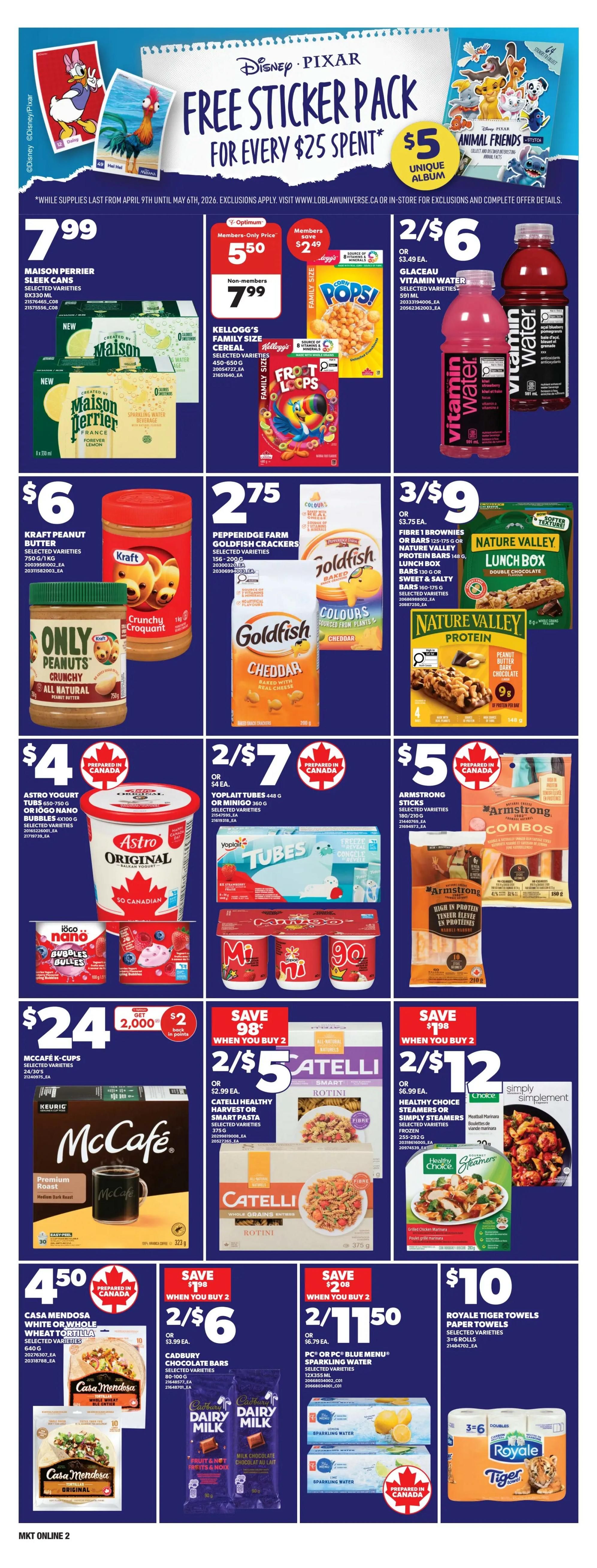 Zehrs weekly flyer specials page 10 features a Disney Pixar free sticker pack promotion for every $25 spent, with an Animal Friends album. Featured products include Maison Perrier selected cans for $7.99, Kellogg's Family Size Cereal for $5.50 (members only) or $7.99 (non-members), and Glaceau Vitamin Water 591 ml for 2/$6 or $3.49 each. Kraft Peanut Butter 750 g is $6. Pepperidge Farm Goldfish Crackers selected varieties are $2.75. Nature Valley Lunch Box bars and Protein bars are 3/$9 or $3.75 each. Astro Yogurt Tubes 650-750 g or iögo nano Bubbles 4x100 g are $4. Yoplait Tubes 448 g or Minigo 360 g are $4. Armstrong Sticks 180/210 g and Combos 150 g are $5. McCafé K-Cups selected varieties 24/30's are $24, with a bonus of 2,000 points when you buy 2. Catelli Healthy Harvest or Smart Pasta selected varieties 375 g is 2/$5 or $2.99 each. Healthy Choice Steamers or Simply Steamers frozen entrees are 2/$12 or $6.99 each. Casa Mendosa White or Whole Wheat Tortillas 640 g are $4.50. Cadbury Chocolate Bars 80-100 g are 2/$6 or $3.99 each. PC or PC Blue Menu Sparkling Water 12x355 ml is 2/$11.50 or $6.79 each. Royale Tiger Towels selected varieties 3-6 rolls are $10.