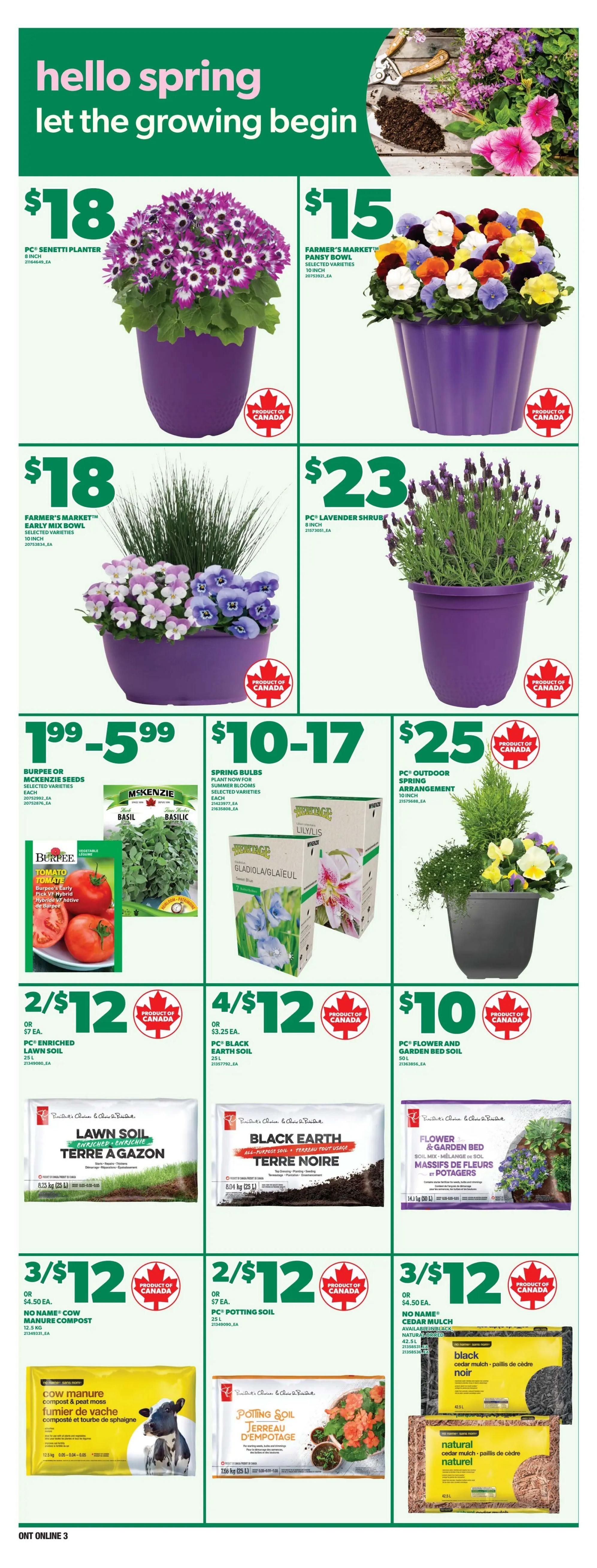 Zehrs weekly flyer specials page 13, featuring spring gardening items. Offers include a PC Senetti Planter for $18, a Farmer's Market Pansy Bowl for $15, a Farmer's Market Early Mix Bowl for $18, and a PC Lavender Shrub for $23. Also available are Burpee or McKenzie seeds priced from $1.99 to $5.99, Spring Bulbs for $10-$17, and a PC Outdoor Spring Arrangement for $25. Soil and mulch options include PC Enriched Lawn Soil at 2/$12, PC Black Earth Soil at 4/$12, PC Potting Soil at 2/$12, No Name Cow Manure Compost at 3/$12, and No Name Cedar Mulch (black and natural) at 3/$12.