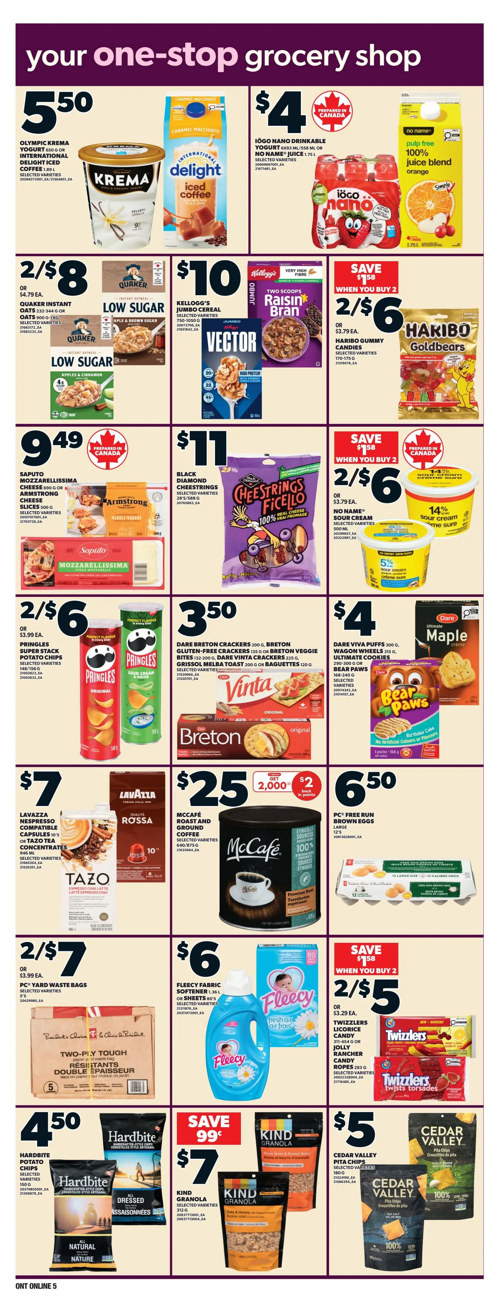 Zehrs weekly flyer specials page 16. Featuring Olympic Krema yogurt for $5.50, International Delight iced coffee for $5.50, Iögo Nano drinkable yogurt for $4, and 100% juice blend orange for $4. Also on sale are Quaker instant oats for 2 for $8 or $4.79 each, Kellogg's Jumbo Cereal for $10, and Haribo Gummy candies for 2 for $6 when you buy 2. Other deals include Black Diamond Cheestrings for $11, No Name sour cream for 2 for $6 or $3.79 each, Saputo Mozzarella cheese slices for $9.49, and Dare Breton crackers and Vinta crackers for $3.50. Lavazza Nespresso compatible capsules or Tazo tea concentrates are $7. McCafe roast and ground coffee is $25 with a $2 back in points offer for 2,000 points. PC Free Run brown eggs are $6.50. PC Yard Waste Bags are 2 for $7 or $3.99 each. Fleecy fabric softener is $6. Twizzlers licorice candy or Jolly Rancher candy ropes are 2 for $5 when you buy 2. Kind granola is $7. Hardbite potato chips are $4.50. Cedar Valley pita chips are $5.