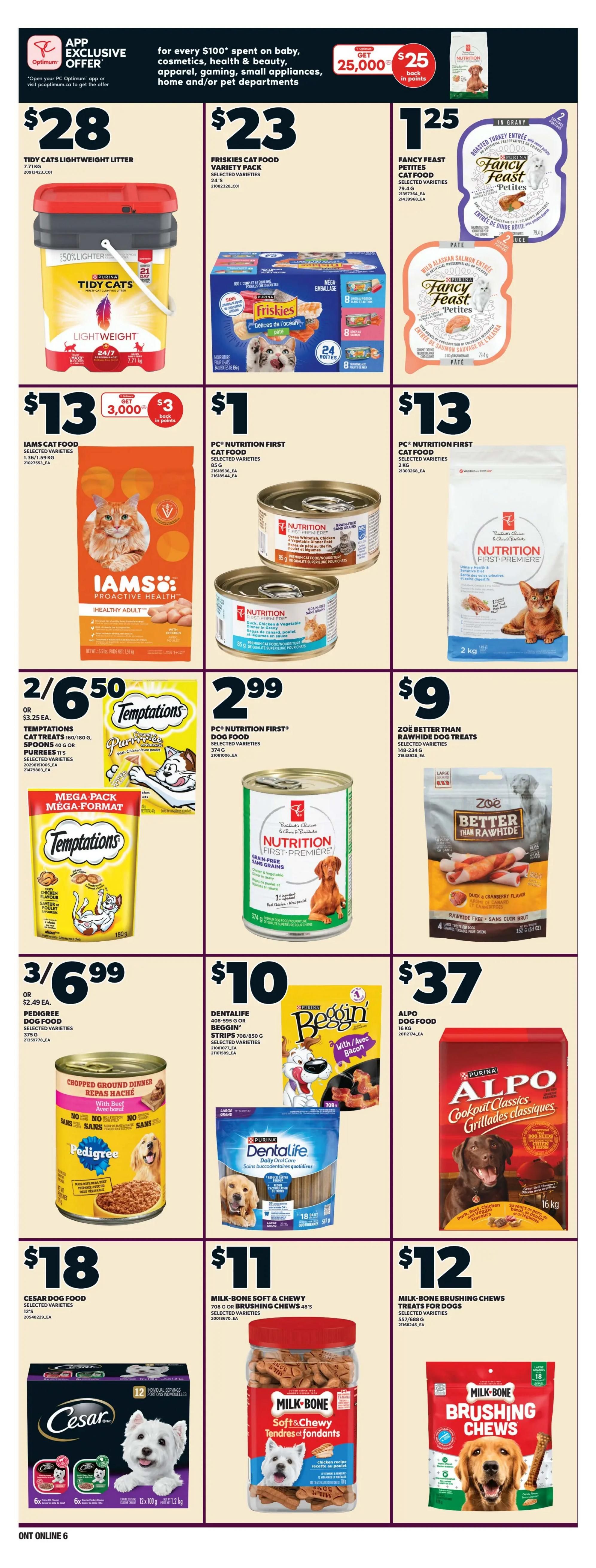 Zehrs weekly flyer specials page 17 features a variety of pet food and treats. Offers include Tidy Cats Lightweight Litter for $28, Friskies Cat Food Variety Pack for $23, and Fancy Feast Petites Cat Food for $1.25. Also featured are Iams Cat Food for $13, PC Nutrition First Cat Food (85g cans) for $1 each, and PC Nutrition First Cat Food (2kg bag) for $13. Temptations Cat Treats are 2 for $6.50 or $3.25 each. PC Nutrition First Dog Food (374g) is $2.99. Pedigree Dog Food is 3 for $6.99 or $2.49 each. Dentalife or Beggin' Strips are $10. Alpo Cookout Classics Dog Food (16kg) is $37. Cesar Dog Food (12 x 100g) is $18. Milk-Bone Soft & Chewy treats (708g or 48 count brushing chews) are $11. Milk-Bone Brushing Chews treats for dogs are $12.