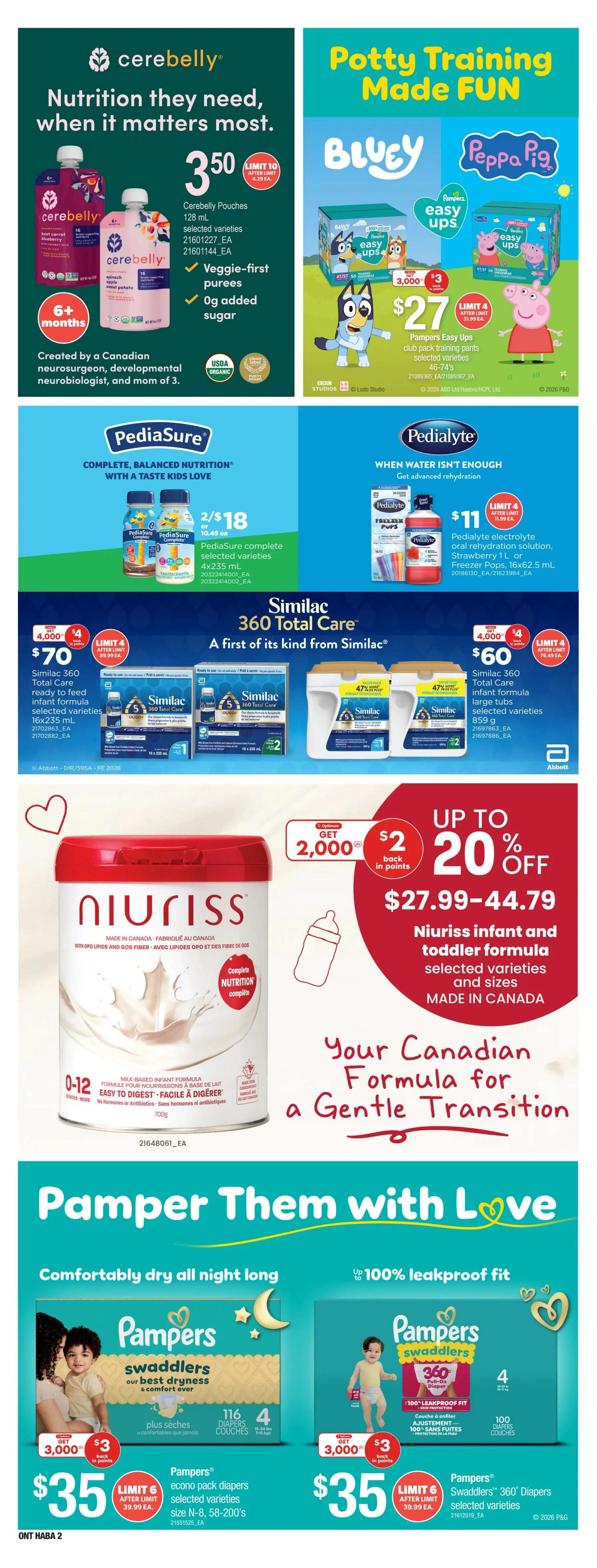 Zehrs weekly flyer specials page 20 features nutrition and baby care products. Top section highlights Cerebelly Pouches for $3.50, with 10 limit after 4.29 EA. Also features Bluey and Peppa Pig themed Pampers Easy Ups training pants for $27, with a limit of 4 after 31.99 EA. Middle section showcases PediaSure complete balanced nutrition drinks, 2 for $18, with a limit of 4 after 10.49 EA. Pedialyte electrolyte oral rehydration solution and freezer pops are $11, with a limit of 4 after 11.99 EA. Similac 360 Total Care infant formula is available in 16x235 mL bottles for $70, with a limit of 4 after 89.99 EA, and also in large tubs for $60, with a limit of 4 after 70.49 EA. Niuriss infant and toddler formula is on sale for $27.99-$44.79, with up to 20% off and get 2,000 Optimum points back ($2 value) with purchase. Bottom section features Pampers Swaddlers diapers, econo pack, for $35, with a limit of 6 after 39.99 EA, and Pampers Swaddlers 360° Diapers for $35, with a limit of 6 after 39.99 EA. Both Pampers offers include get 3,000 Optimum points back ($3 value) with purchase.