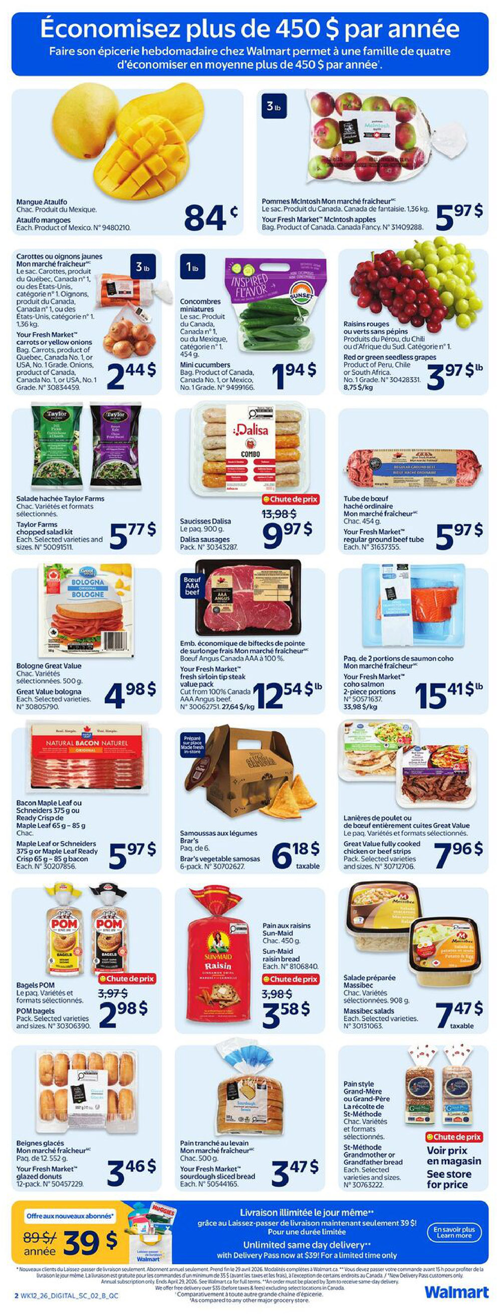 Walmart Canada weekly flyer specials, page 3. Featured items include Ataulfo mangoes for 84 cents each, Your Fresh Market McIntosh apples 1.36 kg bag for $5.97, Your Fresh Market carrots or yellow onions 3 lb bag for $2.44, and Sunset mini cucumbers for $1.94. Also available are Taylor Farms chopped salad kits for $5.77, Dalisa sausages 900 g for $9.97 (on sale from $13.98), Great Value bologna 500 g for $4.98, and Maple Leaf or Schneiders bacon 375 g - 85 g for $5.97. Additional offers include Brar's vegetable samosas 6-pack for $6.18 taxable, Your Fresh Market regular ground beef tube 454 g for $5.97, Your Fresh Market coho salmon 2-piece portions 33.98 kg for $15.41 lb, and Great Value fully cooked chicken or beef strips 796 g. Also featured are POM bagels for $2.98 (on sale from $3.97), Sun-Maid raisin bread for $3.58 (on sale from $3.98), Your Fresh Market glazed donuts 12-pack for $3.46, Your Fresh Market sourdough sliced bread 500 g for $3.47, and St-Méthode Grandmother or Grandfather bread with a 'see store for price' offer. The flyer also promotes unlimited same-day delivery with Delivery Pass for $39 per year for new subscribers.