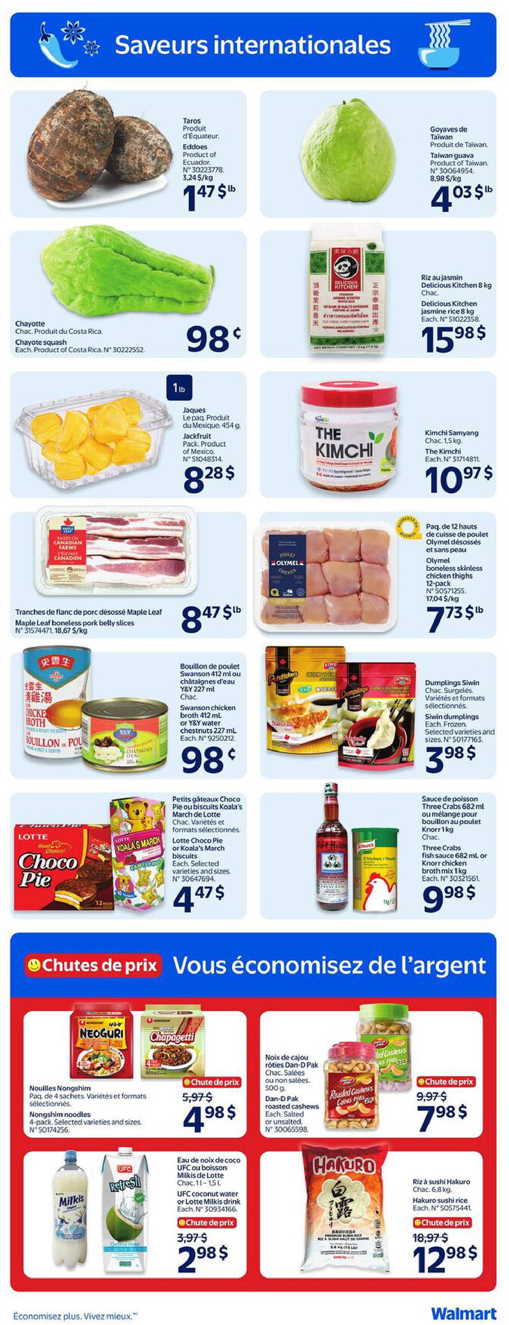Walmart Canada flyer page 4 features 'International Flavours' with various international food items. Highlights include Eddoes Taros from Ecuador for $1.47/lb, Taiwan Guava for $4.03/lb, and Chayote squash from Costa Rica for $0.98. Also featured are Jackfruit pack from Mexico for $8.28, Delicious Kitchen Jasmine rice 8 kg for $15.98, and The Kimchi by Samyang for $10.97. Maple Leaf boneless pork belly slices are $8.47/lb, and Olymel boneless skinless chicken thighs (12-pack) are $7.73/lb. Other items include Swanson chicken broth or Y&Y water chestnuts for $0.98, Lotte Choco Pie or Koala's March biscuits for $4.47, Siwin dumplings for $3.98, and Three Crabs fish sauce or Knorr chicken broth mix for $9.98. The 'Price Drop' section showcases Nongshim noodles 4-pack for $4.98, Dan-D Pak roasted cashews for $7.98, UFC coconut water or Lotte Milkis drink for $2.98, and Hakuro sushi rice for $12.98.