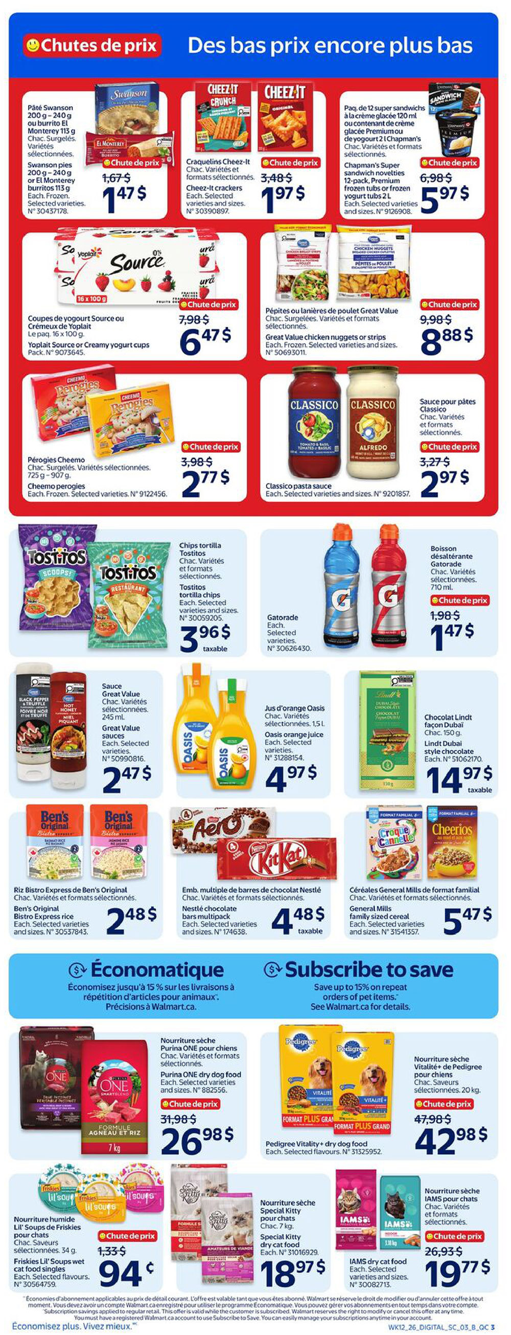 Walmart Canada weekly flyer specials page 5. Featured deals include Swanson Pâté 200g - 240g or burritos 113g for $1.47, Cheez-It crackers for $1.97, Chapman's Super Sandwich frozen novelties or yogurt tubs for $5.97, Yoplait Source or Creamy yogurt cups for $6.47, Great Value chicken nuggets or strips for $8.88, Cheemo Perogies for $2.77, Classico pasta sauce for $2.97, Tostitos tortilla chips for $3.96 taxable, Gatorade for $1.47, Great Value sauces for $2.47, Oasis orange juice for $4.97, Lindt Dubai style chocolate for $14.97 taxable, Ben's Original Bistro Express rice for $2.48, Nestlé chocolate bars multipack for $4.48 taxable, and General Mills family sized cereal for $5.47. Also featured are Purina ONE dry dog food for $26.98, Pedigree Vitality+ dry dog food for $42.98, Lil' Soups wet cat food singles for $0.94, Special Kitty dry cat food for $18.97, and IAMS dry cat food for $19.77.
