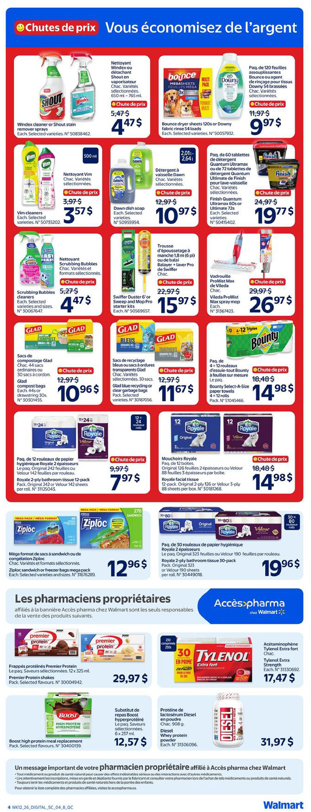 Walmart Canada weekly flyer specials page 6. Featured cleaning products include Windex cleaner or Shout stain remover sprays for $4.47, Vim cleaners for $3.57, Dawn dish soap for $10.97, and Finish Quantum Ultramax or Ultimate dishwasher detergent for $19.77. Other household items on sale are Bounce dryer sheets for $9.97, Downy fabric rinse for $9.97, Scrubbing Bubbles cleaners for $4.47, Swiffer Duster 6' or Sweep and Mop Pro starter kits for $15.97, Glad compost bags for $10.96, Glad blue recycling or clear garbage bags for $11.67, Vileda ProMist Max spray mop for $26.97, and Bounty Select-A-Size paper towels for $14.98. Also available are Royale 2-ply bathroom tissue 12-pack for $7.97, Royale facial tissue 12-pack for $14.98, Royale 2-ply bathroom tissue 30-pack for $19.96, and Ziploc sandwich or freezer bags mega pack for $12.96. Health and wellness products include Premier Protein shakes for $29.97, Boost high protein meal replacement for $12.57, Tylenol Extra Strength for $17.47, and Diesel Whey protein powder for $31.97.