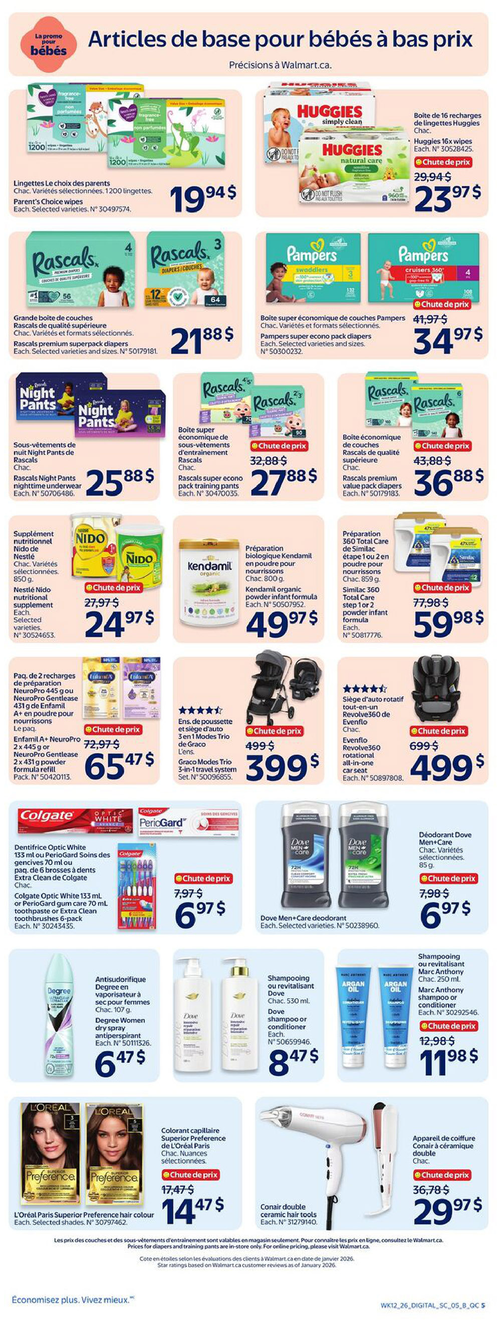 Walmart Canada weekly flyer specials page 7, featuring baby essentials and personal care items. Top row includes Parent's Choice wipes for $19.94 and Huggies 16x wipes refills for $23.97. Middle row showcases Rascals premium superpack diapers for $21.88, Rascals super econo pack training pants for $27.88 (originally $32.88), and Rascals quality value pack diapers for $36.88 (originally $43.88). Also featured are Rascals Night Pants nighttime underwear for $25.88, Nestlé Nido nutritional supplement for $24.97 (originally $27.97), Kendamil organic powder infant formula for $49.97, and Similac 360 Total Care infant formula for $59.98 (originally $77.98). Personal care items include Colgate Optic White toothpaste and Periogard gum or Extra Clean toothbrushes 6-pack for $6.97 (originally $7.97), Dove Men+Care deodorant for $6.97 (originally $7.98), Degree Women dry spray antiperspirant for $6.47, Dove shampoo or conditioner for $8.47, L'Oréal Paris Superior Preference hair colour for $14.47 (originally $17.47), and Conair double ceramic hair tools for $29.97 (originally $36.78). Also available are a Graco Modes Trio 3-in-1 travel system for $399 (originally $499) and an Evenflo Revolve360 rotational all-in-one car seat for $499 (originally $699).