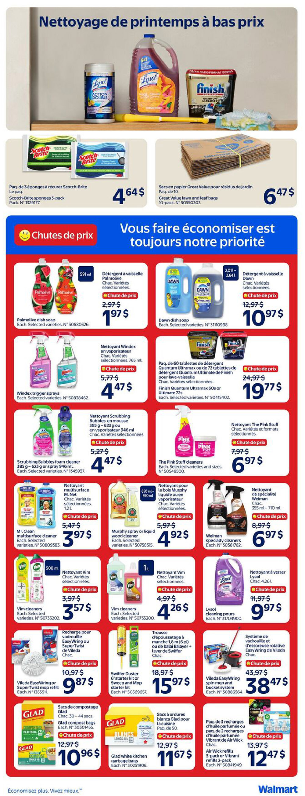 Walmart Canada flyer page 9 features spring cleaning deals. Top row includes Lysol Action Double wipes, Lysol all-purpose cleaner, and Finish Quantum Ultramax dishwasher detergent. Below, find a 'Chutes de prix' (Price Drop) section with deals on Palmolive dish soap for $1.97, Dawn dish soap for $10.97, Windex trigger sprays for $4.47, Finish Quantum Ultramax or Ultimate 72s dishwasher tablets for $19.77, Scrubbing Bubbles foam cleaner for $4.47, The Pink Stuff cleaners for $6.97, Mr. Clean multisurface cleaner for $3.97, Murphy spray or liquid wood cleaner for $4.92, Weiman specialty cleaners for $6.97, Vim cleaners for $3.57 and $4.26, Lysol cleaning pours for $9.97, Vileda EasyWring or SuperTwist mop refill for $8.87, Swiffer Duster 6' starter kit or Sweep and Mop starter kit for $15.97, Vileda EasyWring spin mop and bucket system for $38.47, Glad compost bags for $10.96, Glad white kitchen garbage bags for $11.67, and Vibrant Air Wick refills for $12.47.