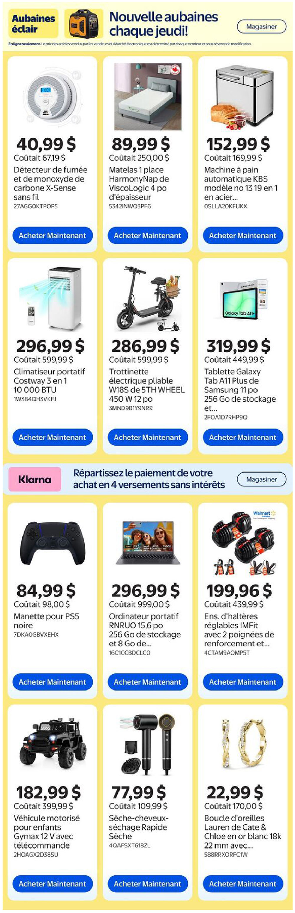 Walmart Canada weekly flyer specials page 11 featuring a variety of electronics and home goods. Deals include a X-Sense wireless smoke and carbon monoxide detector for $40.99, a HarmonyNap 1-place mattress for $89.99, and a KBS automatic bread machine for $152.99. Also available are a Costway 3-in-1 portable air conditioner for $296.99, a 5TH WHEEL W18S foldable electric scooter for $286.99, and a Samsung Tab A11 Plus tablet with 256GB storage for $319.99. Further savings are offered on a black PS5 controller for $84.99, an RNRO 15.6' portable laptop with 256GB storage for $296.99, and IMFit adjustable dumbbells for $199.96. Additionally, a Gymax 12V motorized ride-on vehicle for kids is $182.99, a Rapid Dry hair dryer is $77.99, and Lauren de Cate & Chloe 18k gold or white hoop earrings are $22.99.