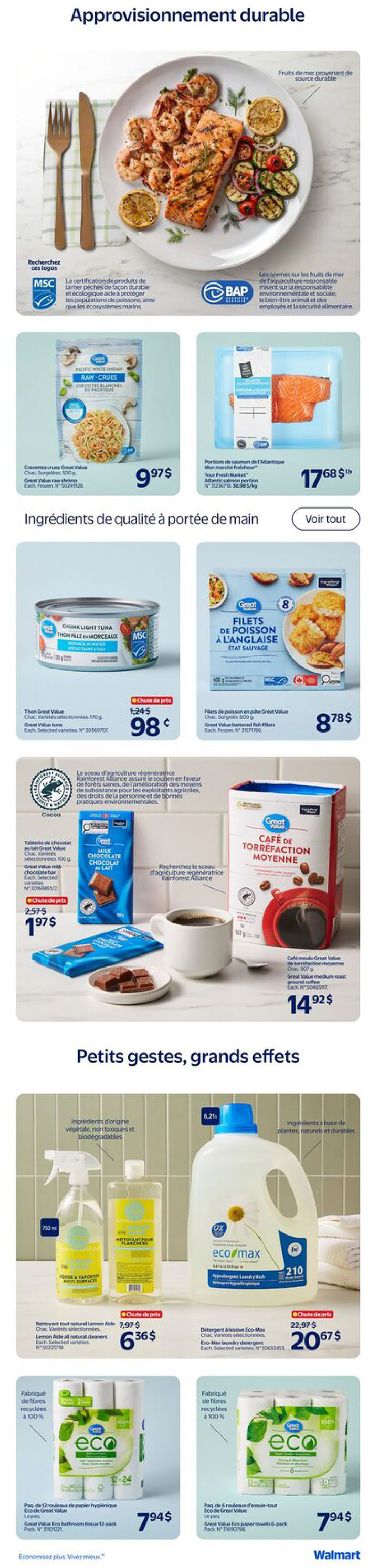 Walmart Canada flyer page 13 features sustainable provisions and quality ingredients. Top section showcases a meal with grilled salmon and shrimp, highlighting MSC and BAP certifications for sustainable seafood. Below, find Great Value Raw Pacific White Shrimp for $9.97 and Atlantic Salmon Portions for $17.68/lb. Also featured is Great Value Chunk Light Tuna in water, on sale for $0.98 (originally $1.24). For a sweet treat, Great Value Milk Chocolate Bars are $1.97 (originally $2.57), and Great Value Medium Roast Ground Coffee is $14.92. The lower section, 'Small Gestures, Big Impact,' includes Eco-Max Multi-Surface Cleaner, Eco-Max Laundry Detergent on sale for $20.67 (originally $22.97), and Great Value Eco Bathroom Tissue 12-pack for $7.94. Additionally, Great Value Eco Paper Towels 6-pack is available for $7.94.