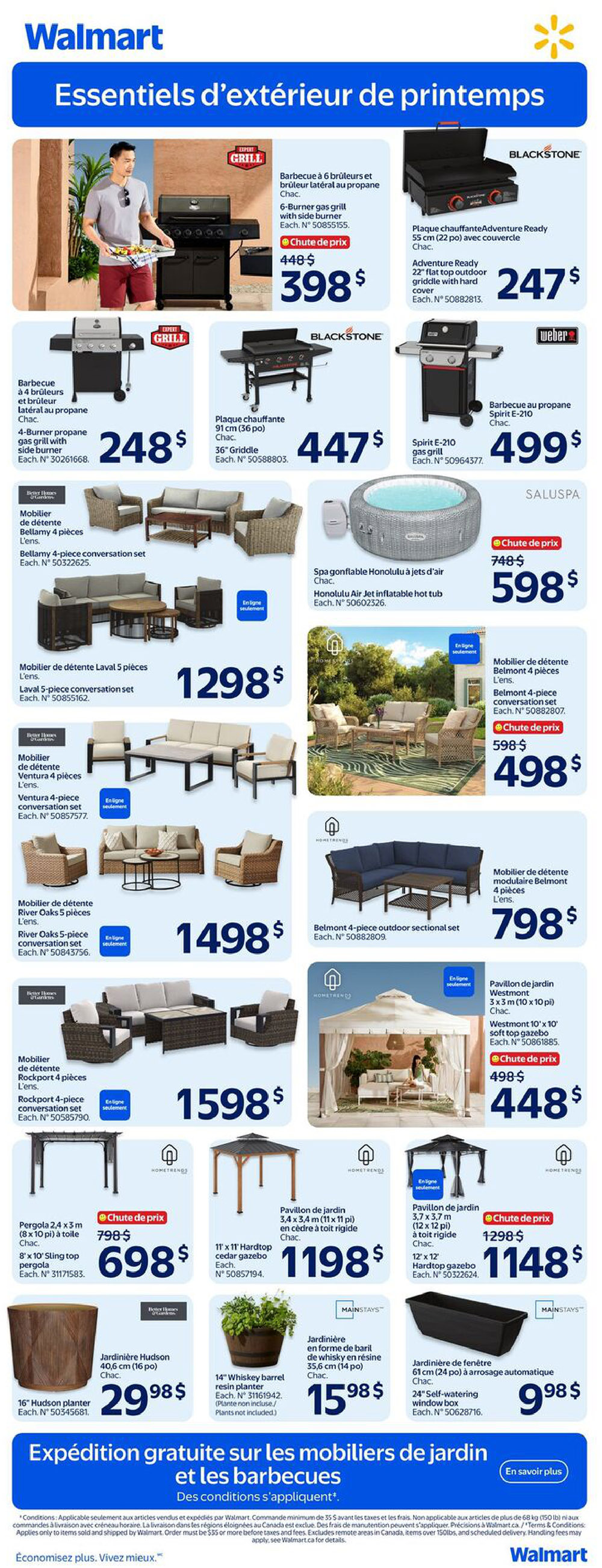 Walmart Canada flyer page 14 featuring outdoor living essentials. Top section showcases grills including a 6-burner gas grill with side burner for $398 and a 36' Blackstone griddle for $447. Also featured is a Weber Spirit E-210 gas grill for $499. The middle section highlights outdoor furniture and spas, with a Bellamy 4-piece conversation set, a Laval 5-piece conversation set for $1298, a Ventura 4-piece conversation set, a River Oaks 5-piece conversation set for $1498, a Rockport 4-piece conversation set for $1598, and a Belmont 4-piece outdoor sectional set for $798. A Honolulu Air Jet inflatable hot tub is on sale for $598, down from $748. The bottom section displays garden structures and planters, including a 10' x 10' Westmont soft top gazebo for $448, down from $498, an 8' x 10' Sting top pergola for $698, down from $798, an 11' x 11' Hardtop cedar gazebo for $1198, a 12' x 12' Hardtop gazebo for $1148, down from $1298. Planters include a 16' Hudson planter for $29.98, a 14' Whiskey barrel resin planter for $15.98, and a 24' self-watering window box for $9.98. The page also promotes free shipping on select patio furniture and grills.