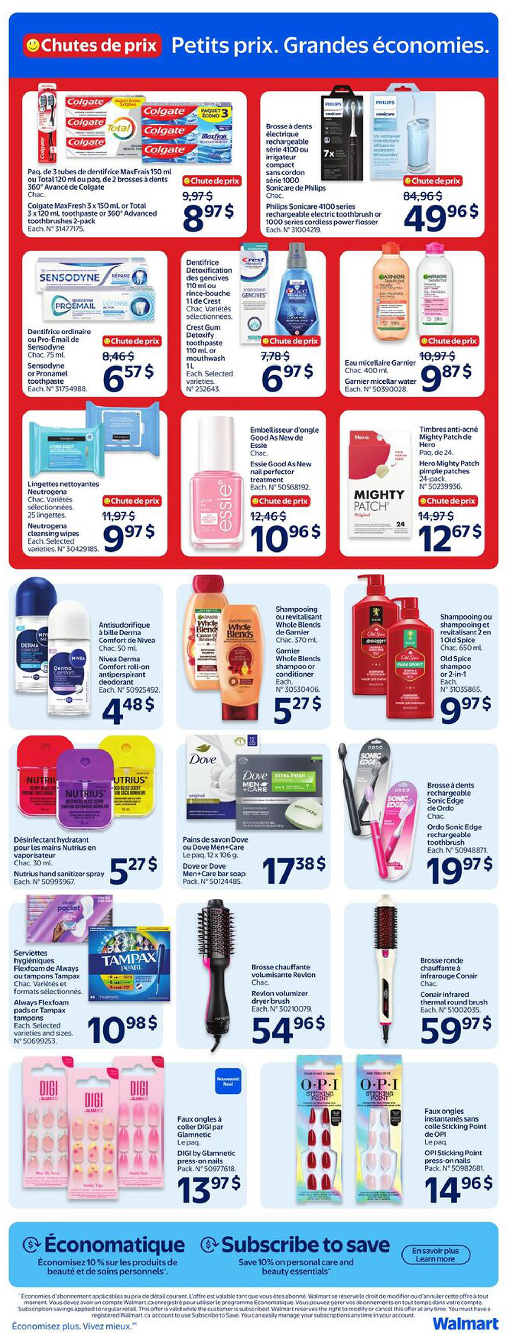 Walmart Canada weekly flyer specials page 17 featuring a variety of personal care and beauty products. Deals include Colgate MaxFresh 3 x 150 ml toothpaste or Total 120 ml or 2 x 360 Advanced toothbrushes 2-pack for $8.97, Philips Sonicare 4100 series rechargeable electric toothbrush or 1000 series cordless power flosser for $49.96, Sensodyne or Pronamel toothpaste 75 ml for $6.57, Crest Gum Detoxify toothpaste 110 ml or mouthwash 1 L for $6.97, Neutrogena cleansing wipes 25-pack for $9.97, Essie Good As New nail perfector treatment for $10.96, Hero Mighty Patch pimple patches 24-pack for $12.67, Nivea Derma Comfort roll-on antiperspirant deodorant 50 ml for $4.48, Garnier Whole Blends shampoo or conditioner 370 ml for $5.27, Old Spice shampoo or 2-in-1 conditioner 650 ml for $9.97, Nutrius hand sanitizer spray 30 ml for $5.27, Dove or Dove Men+Care bar soap 12 x 106 g pack for $17.38, Sonic Edge rechargeable toothbrush 2-pack for $19.97, Always Flexfoam pads or Tampax tampons (selected varieties) for $10.98, Revlon volumizer dryer brush for $54.96, Conair infrared thermal round brush for $59.97, DIGI by Glamnetic press-on nails pack for $13.97, and OPI Sticking Point press-on nails pack for $14.96. The page also highlights 'Subscribe to Save' offering 10% off personal care and beauty essentials.