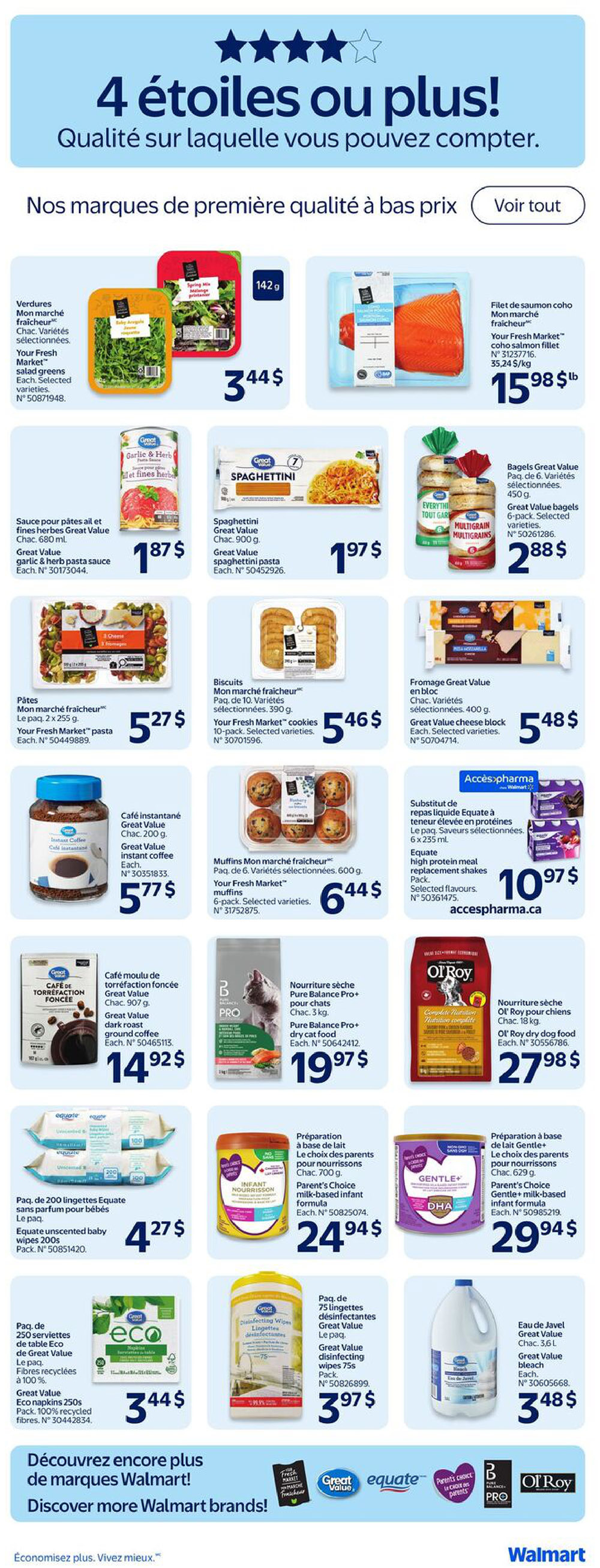 Walmart Canada flyer page 19 featuring a selection of brand-name products. Highlights include Your Fresh Market salad greens for $3.44, Your Fresh Market coho salmon fillet for $15.98, Great Value garlic & herb pasta sauce for $1.87, Great Value spaghettini pasta for $1.97, Great Value multigrain bagels (6-pack) for $2.88, Your Fresh Market cookies (10-pack) for $5.46, and Great Value cheese block for $5.48. Also featured are Great Value instant coffee for $5.77, Great Value dark roast ground coffee for $14.92, Pure Balance Pro+ dry cat food for $19.97, Ol' Roy dry dog food for $27.98, Equate unscented baby wipes (200-pack) for $4.27, Great Value Eco napkins (250-pack) for $3.44, Great Value disinfecting wipes (75s) for $3.97, Equate high protein meal replacement shakes (6 x 235 ml) for $10.97, Pure Balance Pro+ dry cat food for $19.97, Parent's Choice milk-based infant formula (700 g) for $24.94, and Parent's Choice Gentle+ milk-based infant formula (629 g) for $29.94. The page also promotes discovering more Walmart brands.