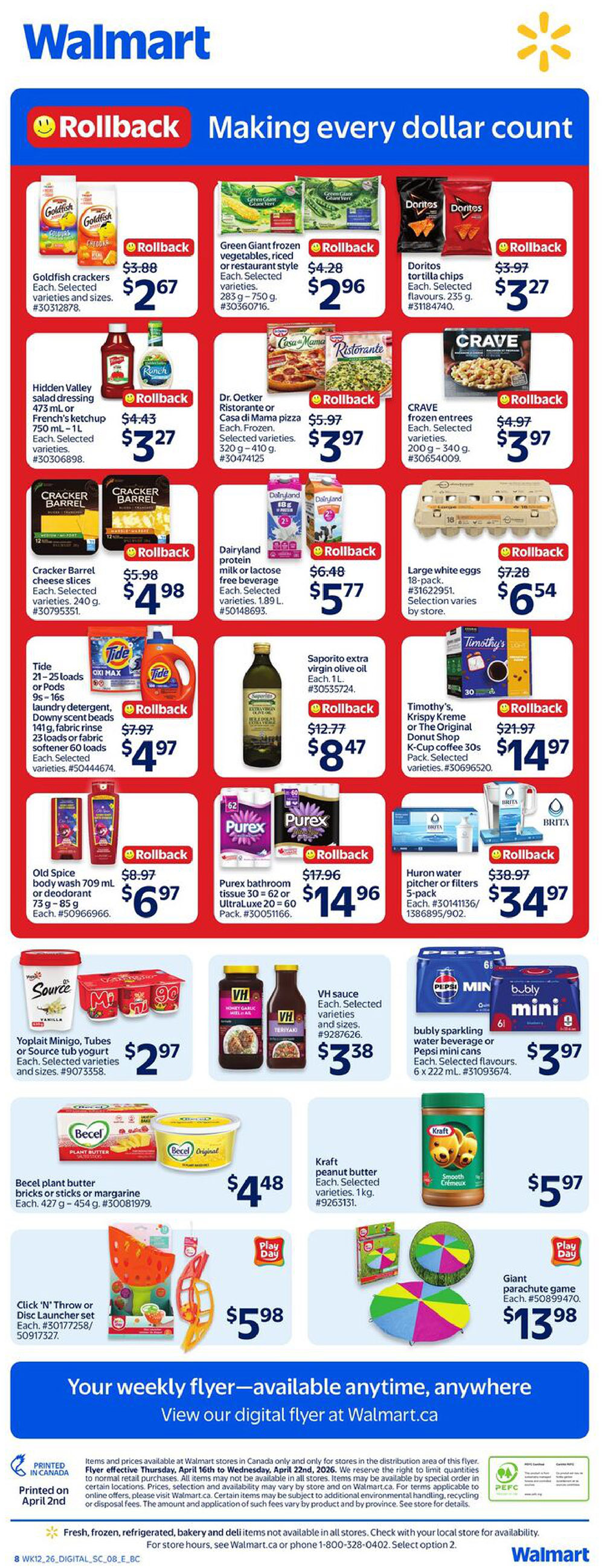 Walmart Canada weekly flyer specials page 2. Features Rollback deals including Goldfish crackers for $2.67, Green Giant frozen vegetables for $2.96, and Doritos tortilla chips for $3.27. Also on sale are Hidden Valley salad dressing and French's ketchup for $3.27, Dr. Oetker or Casa di Mama pizza for $3.97, and CRAVE frozen entrees for $3.97. DairyLand protein milk or lactose-free beverage is $5.77, and large white eggs (18-pack) are $6.54. Cracker Barrel cheese slices are $4.98. Tide laundry detergent or pods are $4.97. Saporito extra virgin olive oil is $8.47. Timothy's K-Cup coffee is $14.97. Old Spice body wash or deodorant is $6.97. Purex bathroom tissue or UltraLuxe paper towels are $14.96. Huron water filters (5-pack) are $34.97. Source Minigo, Tubes or Sour Patch yogurt is $2.97. VH sauce is $3.38. bubly sparkling water beverage or Pepsi mini cans are $3.97. Becel plant butter is $4.48. Click 'N' Throw or Disc Launcher set is $5.98. Giant parachute game is $13.98. View the digital flyer at Walmart.ca.