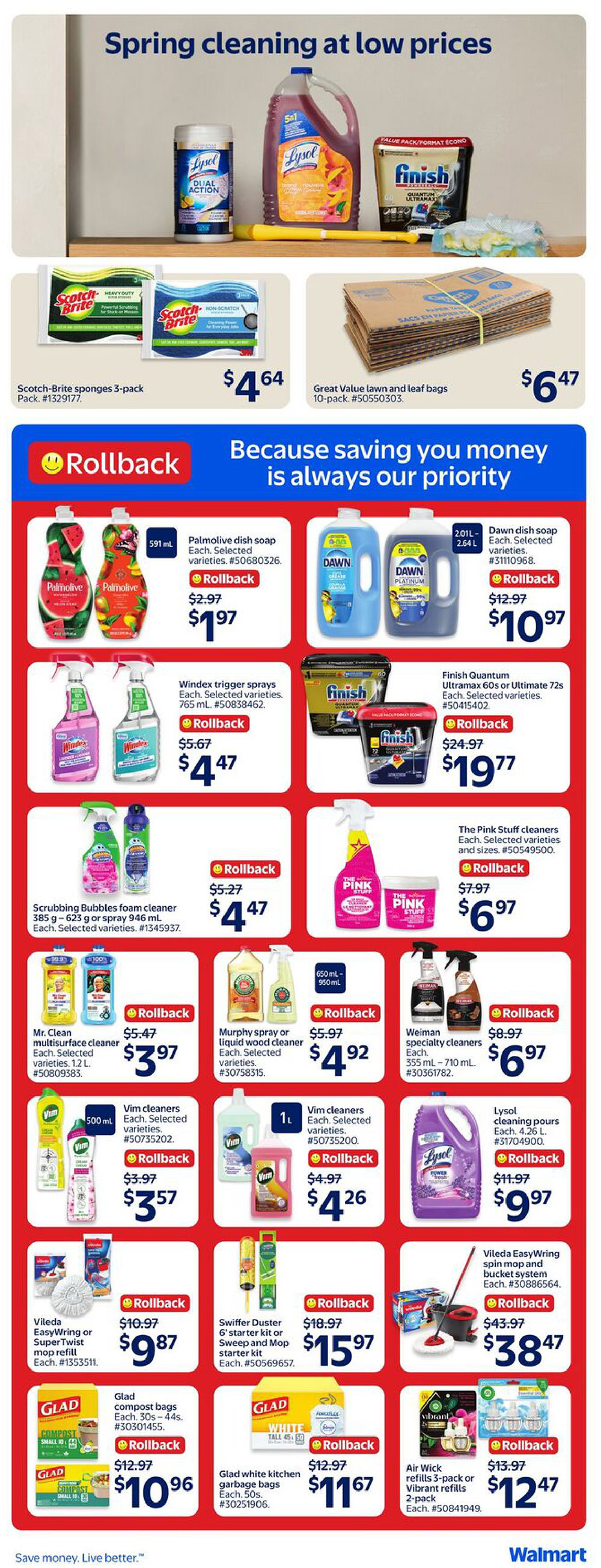 Walmart Canada weekly flyer specials page 9, featuring spring cleaning products. Top section shows Lysol Dual Action cleaner, Lysol All-Purpose cleaner, and Finish Quantum dishwasher detergent. Below, Scotch-Brite sponges 3-pack are on sale for $4.64 and Great Value lawn and leaf bags (10-pack) are $6.47. The main section highlights Rollback savings: Palmolive dish soap is $1.97 (was $2.97), Dawn dish soap (2.01L or 2.64L) is $10.97 (was $12.97). Windex trigger sprays (765 mL) are $4.47 (was $5.67). Finish Quantum Ultramax 60s or Ultimate 72s dishwasher detergent is $19.77 (was $24.97). Scrubbing Bubbles foam cleaner (385 g - 623 g or 946 mL) is $4.47 (was $5.27). The Pink Stuff cleaners are $6.97 (was $7.97). Mr. Clean multisurface cleaner (1.2 L) is $3.97 (was $5.47). Murphy spray or liquid wood cleaner is $4.92 (was $5.97). Weiman specialty cleaners (355 mL - 710 mL) are $6.97 (was $8.97). Vim cleaners (500 mL) are $3.57 (was $3.97). Vim cleaners (1 L) are $4.26 (was $4.97). Lysol cleaning pours (4.26 L) are $9.97 (was $11.97). Vileda EasyWring or SuperTwist mop refill is $9.87 (was $10.97). Swiffer Duster 6' starter kit or Sweep and Mop starter kit is $15.97 (was $18.97). Vileda EasyWring spin mop and bucket system is $38.47 (was $43.97). Glad compost bags (30s - 44s) are $10.96 (was $12.97). Glad white kitchen garbage bags (50s) are $11.67 (was $12.97). Air Wick refills 3-pack or Vibrant refills 2-pack are $12.47 (was $13.97).