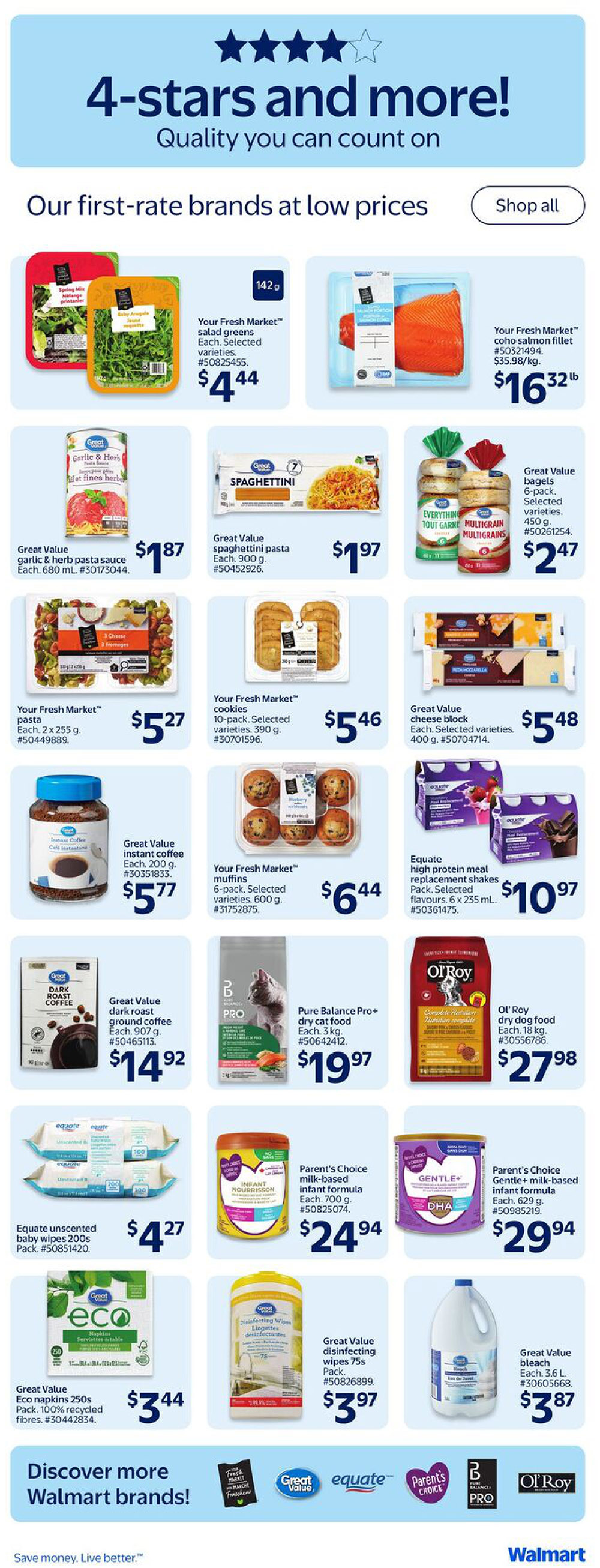 Walmart Canada weekly flyer specials page 20 features '4-stars and more! Quality you can count on' with 'Our first-rate brands at low prices'. Featured products include Your Fresh Market salad greens for $4.44, Your Fresh Market coho salmon fillet for $16.32, Great Value garlic & herb pasta sauce for $1.87, Great Value spaghettini pasta for $1.97, Great Value bagels in selected varieties for $2.47, Your Fresh Market pasta for $5.27, Your Fresh Market 10-pack cookies in selected varieties for $5.46, Great Value cheese block in selected varieties for $5.48, Great Value instant coffee for $5.77, Your Fresh Market 6-pack muffins in selected varieties for $6.44, Equate high protein meal replacement shakes in selected flavours for $10.97, Great Value dark roast ground coffee for $14.92, Pure Balance Pro+ dry cat food for $19.97, Ol' Roy dry dog food for $27.98, Equate unscented baby wipes 200s pack for $4.27, Parent's Choice milk-based infant formula for $24.94, Parent's Choice Gentle+ milk-based infant formula for $29.94, Great Value Eco napkins 250s pack for $3.44, Great Value disinfecting wipes 75s pack for $3.97, and Great Value bleach 3.6 L for $3.87. The page also highlights 'Discover more Walmart brands!' with logos for Fresh Market, Great Value, Equate, Parent's Choice, Pure Balance Pro, and Ol' Roy.