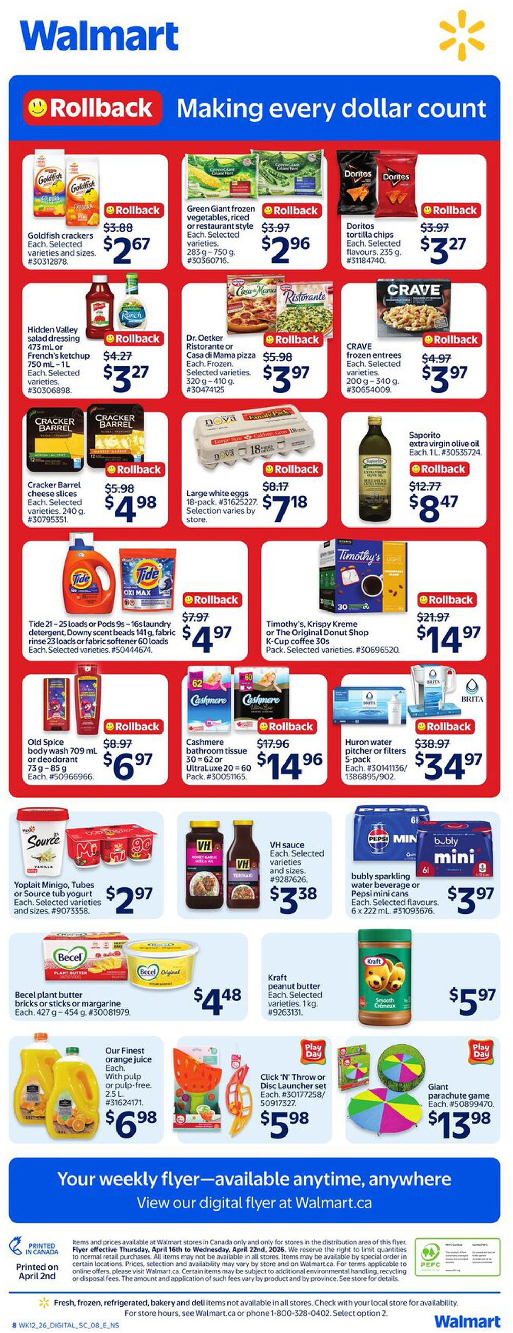 Walmart Canada weekly flyer specials page 2. Featuring Rollback deals including Goldfish crackers for $2.67, Green Giant frozen vegetables for $2.96, and Doritos tortilla chips for $3.27. Also on rollback are Hidden Valley salad dressing and French's ketchup for $3.27, Dr. Oetker pizza for $3.97, and CRAVE frozen entrees for $3.97. Cracker Barrel cheese slices are $4.98, large white eggs (18-pack) are $7.18, and Saporito extra virgin olive oil is $8.47. Tide laundry detergent is $4.97, and Timothy's K-Cup coffee is $14.97. Old Spice body wash or deodorant is $6.97, and Cashmere bathroom tissue is $14.96. Huron water pitcher or filters (5-pack) are $34.97. Yoplait Minigo, Tubes or Source yogurt is $2.97, VH sauce is $3.38, and bubly sparkling water or Pepsi mini cans are $3.97. Becel plant butter is $4.48, Kraft peanut butter is $5.97, Our Finest orange juice is $6.98, Click 'N' Throw or Disc Launcher set is $5.98, and a giant parachute game is $13.98. Your weekly flyer is available anytime, anywhere. View our digital flyer at Walmart.ca. Printed on April 2nd.