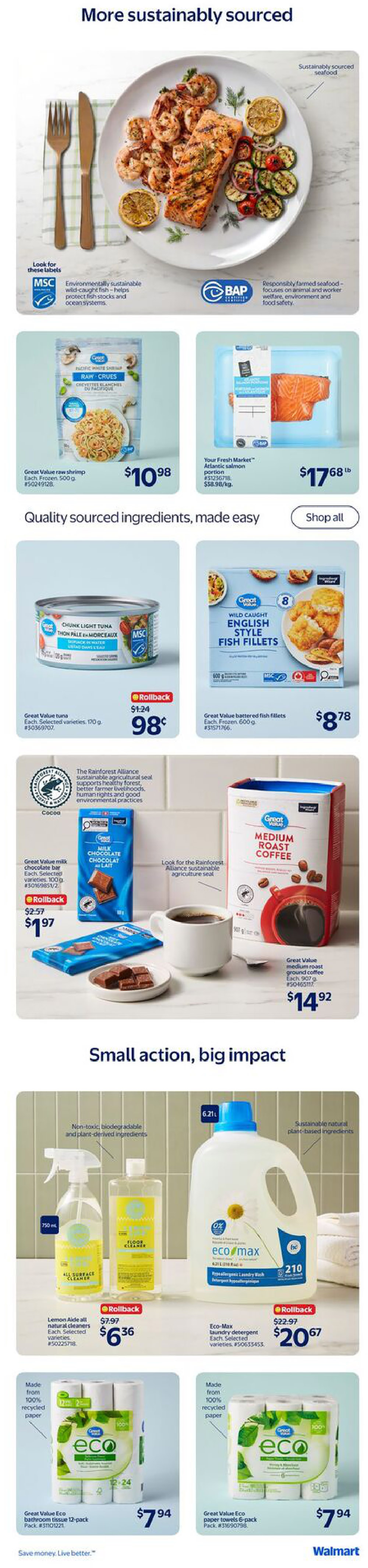 Walmart Canada weekly flyer specials, page 13, featuring sustainably sourced seafood and household products. Highlights include Great Value raw shrimp for $10.98, Your Fresh Market Atlantic salmon portion for $17.68/lb, Great Value chunk light tuna on rollback from $1.24 to $0.98, and Great Value battered fish fillets for $8.78. Also featured are Great Value milk chocolate bars on rollback from $2.57 to $1.97, and Great Value medium roast ground coffee for $14.92. In household cleaning, Lemon Aide all-natural cleaners are on rollback from $7.97 to $6.36, and Eco-Max laundry detergent is on rollback from $22.97 to $20.67. Eco-friendly options include Great Value Eco bathroom tissue 12-pack for $7.94 and Great Value Eco paper towels 6-pack for $7.94, both made from 100% recycled paper. The page emphasizes 'More sustainably sourced' and 'Small action, big impact.