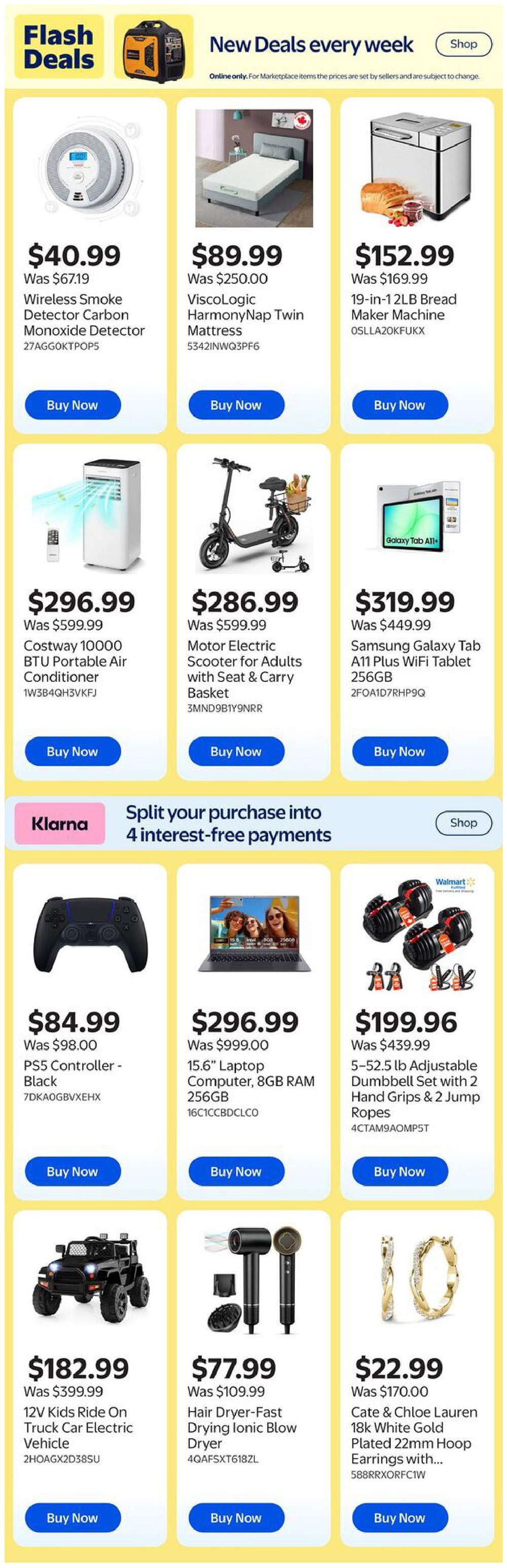 Walmart Canada Flash Deals page featuring new deals every week. Products include a Wireless Smoke Detector Carbon Monoxide Detector for $40.99 (was $67.19), a ViscoLogic HarmonyNap Twin Mattress for $89.99 (was $250.00), and a 19-in 12LB Bread Maker Machine for $152.99 (was $169.99). Also available are a Costway 10000 BTU Portable Air Conditioner for $296.99 (was $599.99), a Motor Electric Scooter for Adults with Seat & Carry Basket for $286.99 (was $599.99), and a Samsung Galaxy Tab A11 Plus WiFi Tablet 256GB for $319.99 (was $449.99). Below, a section highlights Klarna for splitting purchases into 4 interest-free payments. Featured items include a PS5 Controller - Black for $84.99 (was $98.00), a 15.6' Laptop Computer, 8GB RAM 256GB for $296.99 (was $999.00), and a 5-52.5 lb Adjustable Dumbbell Set with 2 Hand Grips & 2 Jump Ropes for $199.96 (was $439.99). Additional deals showcase a 12V Kids Ride On Truck Car Electric Vehicle for $182.99 (was $399.99), a Hair Dryer-Fast Drying Ionic Blow Dryer for $77.99 (was $109.99), and Cate & Chloe Lauren 18k White Gold Plated 22mm Hoop Earrings with Crystals for $22.99 (was $170.00).
