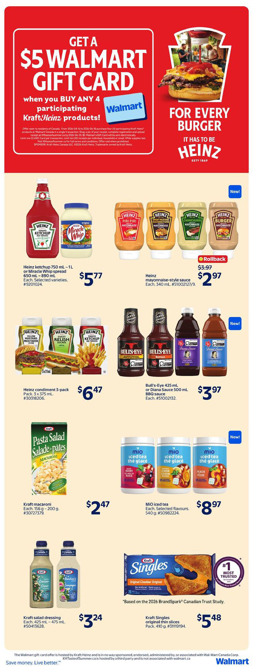 Walmart Canada flyer page 23 featuring a promotion for a $5 Walmart gift card when you buy any 4 participating Kraft Heinz products. Products on sale include Heinz ketchup 750 mL - 1 L or Miracle Whip spread 650 mL - 890 mL for $5.77, Heinz mayonnaise-style sauce 340 mL on rollback from $3.97 to $2.97, and Heinz condiment 3-pack (3 x 375 mL) for $6.47. Also featured are Bull's-Eye 425 mL or Diana Sauce 500 mL BBQ sauce for $3.97. Kraft macaroni pasta salad 156 g - 200 g is $2.47. Mio iced tea 540 g in selected flavours is $8.97. Kraft salad dressing 425 mL - 475 mL is $3.24. Kraft Singles original thin slices pack (410 g) are $5.48, noted as #1 Most Trusted by Canadians according to the 2026 BrandSpark Canadian Trust Study.