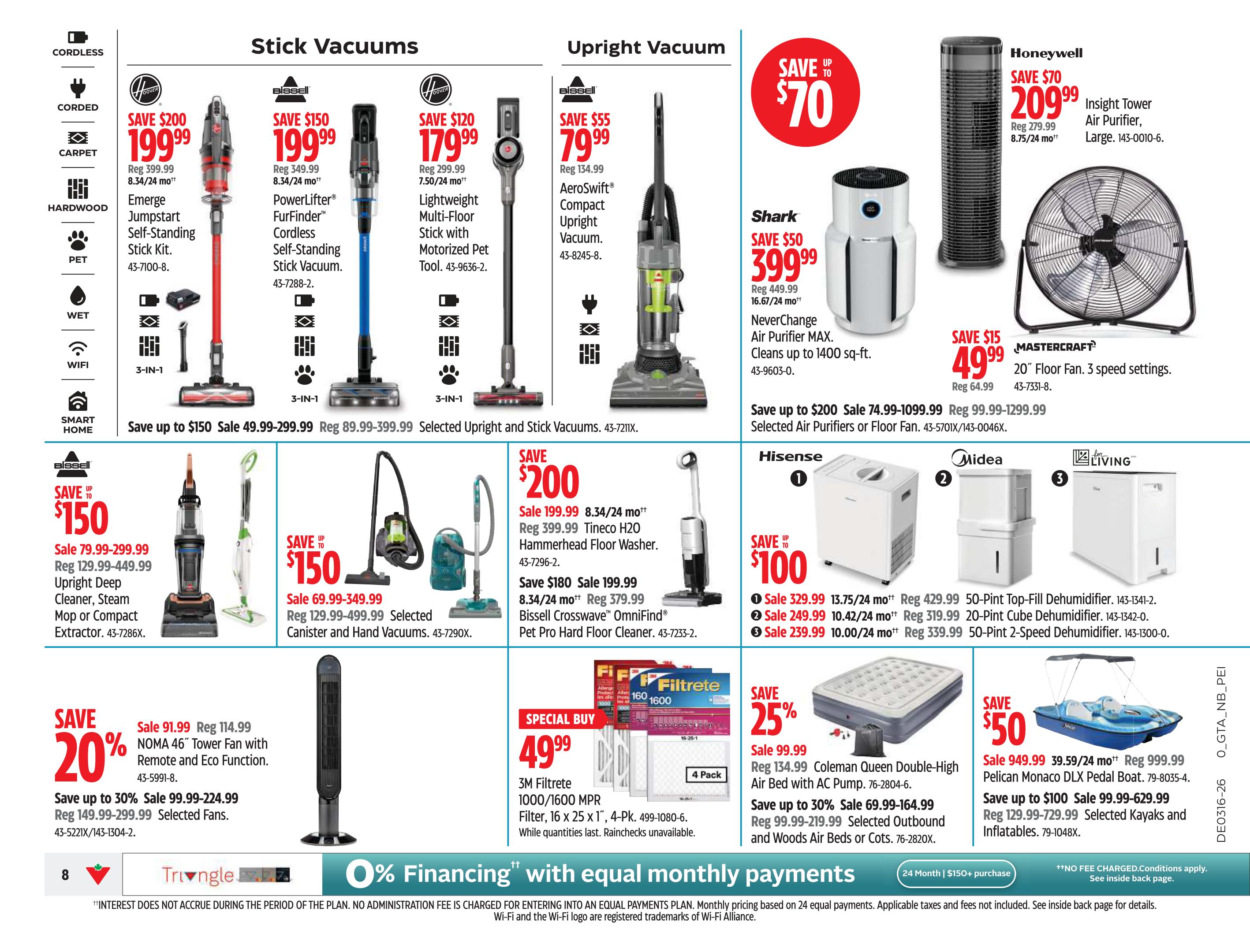 Canadian Tire Ontario flyer page 8 features stick and upright vacuums, air purifiers, floor fans, dehumidifiers, and more. Featured stick vacuums include the Hoover Emerge Jumpstart Self-Standing Stick Kit for $199.99 (save $200), Bissell PowerLifter FurFinder Cordless Self-Standing Stick Vacuum for $199.99 (save $150), and Hoover Lightweight Multi-Floor Stick with Motorized Pet Tool for $179.99 (save $120). Upright vacuums on sale include the Bissell AeroSwift Compact Upright Vacuum for $79.99 (save $55). Air purifiers include the Honeywell Insight Tower Air Purifier for $209.99 (save $70) and the Shark NeverChange Air Purifier MAX for $399.99 (save $50). Mastercraft 20' Floor Fan with 3 speed settings is $49.99 (save $15). Dehumidifiers include Midea 50-Pint Top-Fill, 20-Pint Cube, and 50-Pint 2-Speed models. Also featured are Bissell Upright Deep Cleaner, Steam Mop or Compact Extractor for $150 (save $150), Selected Canister and Hand Vacuums for $150 (save $150), Tineco H20 Hammerhead Floor Washer for $199.99 (save $200), and Bissell Crosswave OmniFind Pet Pro Hard Floor Cleaner for $199.99 (save $180). Special buy on 3M Filtrete 1000/1600 MPR Filter, 16 x 25 x 1', 4-Pk. for $49.99. NOMA 46' Tower Fan with Remote and Eco Function is on sale for $91.99 (save 20%). Coleman Queen Double-High Air Bed with AC Pump is on sale for $99.99 (save 25%). Pelican Monaco DLX Pedal Boat is $949.99 (save $50). 0% financing is available on purchases of $150+ with equal monthly payments for 24 months.