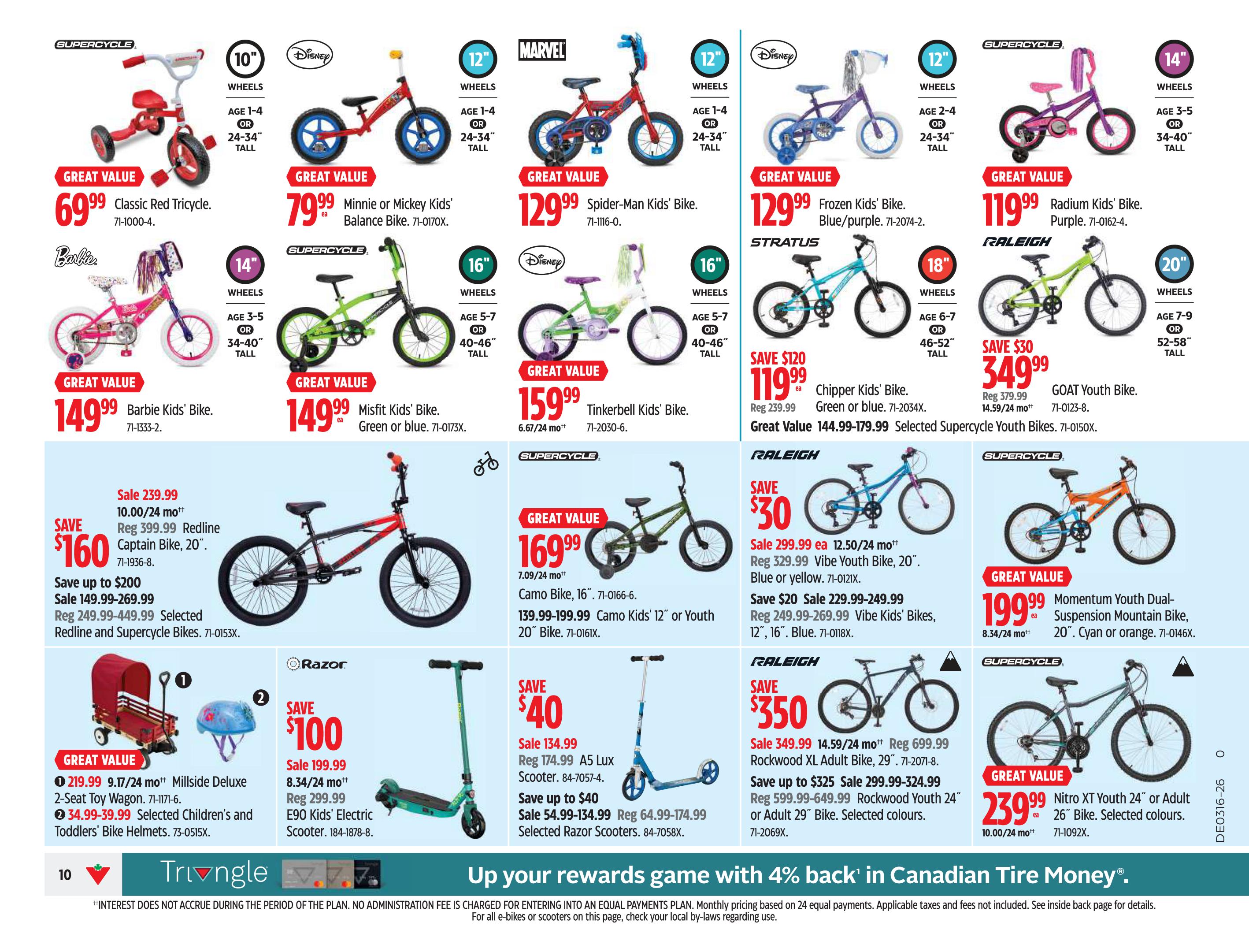 Canadian Tire flyer page 10 featuring a variety of bikes and scooters. Offers include the Classic Red Tricycle for $69.99, Minnie or Mickey Kids' Balance Bike for $79.99, Spider-Man Kids' Bike for $129.99, Frozen Kids' Bike for $129.99, Barbie Kids' Bike for $149.99, Misfit Kids' Bike for $149.99, Tinkerbell Kids' Bike for $159.99, Radium Kids' Bike for $119.99, Chipper Kids' Bike for $119.99 (save $120), GOAT Youth Bike for $349.99 (save $30), Camo Bike, 16' for $169.99, Camo Kids' 12' or Youth 20' Bike for $139.99-199.99, Vibe Youth Bike, 20' for $299.99 (save $30), Vibe Kids' Bikes, 12', 16' for $229.99 (save $20), Momentum Youth Dual-Suspension Mountain Bike, 20' for $199.99, and Nitro XT Youth 24' or Adult 26' Bike for $239.99. Also featured are the Redline Captain Bike, 20' for $239.99 (save $160), Millside Deluxe 2-Seat Toy Wagon for $219.99, and selected Children's and Toddlers' Bike Helmets for $34.99-39.99. The Razor E90 Kids' Electric Scooter is on sale for $199.99 (save $100), and selected Razor Scooters are on sale for $54.99-134.99 (save up to $40). Rockwood XL Adult Bike, 29' is $649.99 (save $350) and Rockwood Youth 24' or Adult 29' Bike is $325 (save up to $325). The page also promotes 'Up your rewards game with 4% back' in Canadian Tire Money®.