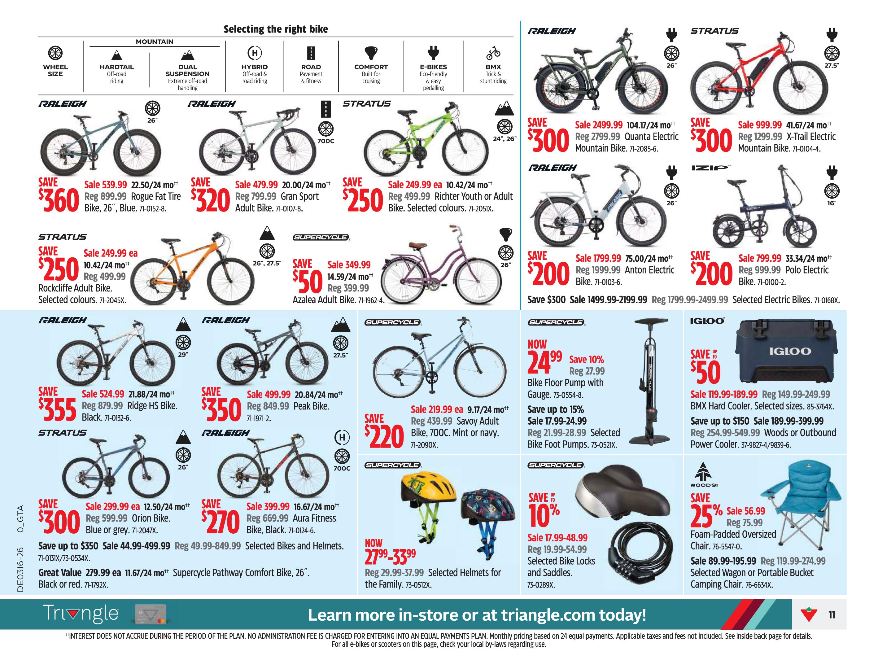 Canadian Tire Ontario Weekly Flyer Specials, Page 11. Features a selection of bikes and accessories. Mountain bikes include the Raleigh Rogue Fat Tire Bike, 26', blue, on sale for $360 (save $539.99), and the Raleigh Gran Sport Adult Bike, 26', on sale for $320 (save $479.99). The Stratus Rockcliffe Adult Bike is $250 (save $249.99) in selected colours. Electric bikes include the Raleigh Quanta Electric Mountain Bike for $300 (save $2499.99), the Raleigh X-Trail Electric Mountain Bike for $300 (save $999.99), the Raleigh Anton Electric Bike for $200 (save $1799.99), and the Raleigh Polo Electric Bike for $200 (save $799.99). Other bikes include the Raleigh Ridge HS Bike in black for $355 (save $524.99), the Raleigh Peak Bike for $350 (save $499.99), the Stratus Orion Bike in blue or grey for $300 (save $299.99), and the Stratus Aura Fitness Bike in black for $270 (save $399.99). The Supercycle Pathway Comfort Bike, 26', is on sale for $279.99 (save up to $350). The Supercycle Savoy Adult Bike, 700C, in mint or navy is $220 (save $219.99). Accessories include the Igloo BMX Hard Cooler on sale for $50 (save $119.99), and Woods or Outbound Power Coolers on sale for up to $150 (save $254.99-$549.99). Also featured are a bike floor pump on sale for $24.99 (save 10%), selected bike foot pumps (save up to 15%), selected bike locks and saddles, selected helmets for the family, and a Woods Foam-Padded Oversized Chair on sale for $56.99 (save 25%).