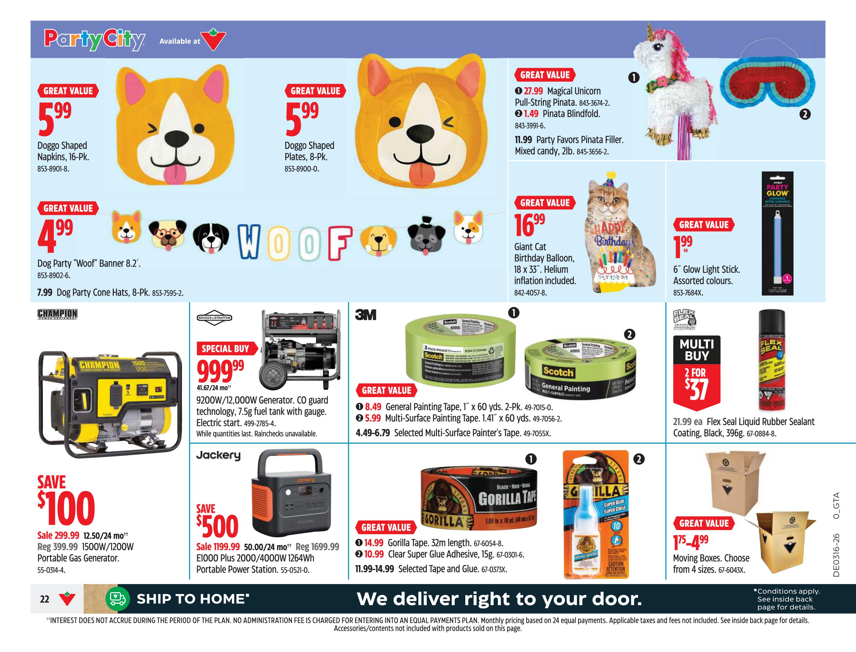 Page 22 of the Canadian Tire flyer features Party City specials including Doggo Shaped Napkins for $5.99, Doggo Shaped Plates for $5.99, and a Dog Party 'Woof' Banner for $4.99. Also available are Dog Party Cone Hats, 8-Pk. for $7.99. Party supplies include a $27.99 Magical Unicorn Pull-String Pinata and $1.49 Pinata Blindfold. Party Favor Pinata Filler with mixed candy is $11.99. A Giant Cat Birthday Balloon is $16.99 and 6' Glow Light Sticks are $1.99 each. Hardware and home improvement items include a Champion 9200W/12,000W Generator for a special buy of $999.99, with 41.67/24 months financing. A Jackery E1000 Plus 2000/4000W 1264Wh Portable Power Station is on sale for $1199.99 (50.00/24 months financing). Other deals include 3M Scotch General Painting Tape starting at $4.49, with a 1' x 60 yds. 2-Pk. for $8.49 and 1.41' x 60 yds. for $5.99. Gorilla Tape is $14.99 and Clear Super Glue Adhesive is $10.99. Flex Seal Liquid Rubber Sealant Coating is 2 for $37. Moving boxes are available starting at $175.49, with choices of 4 sizes.