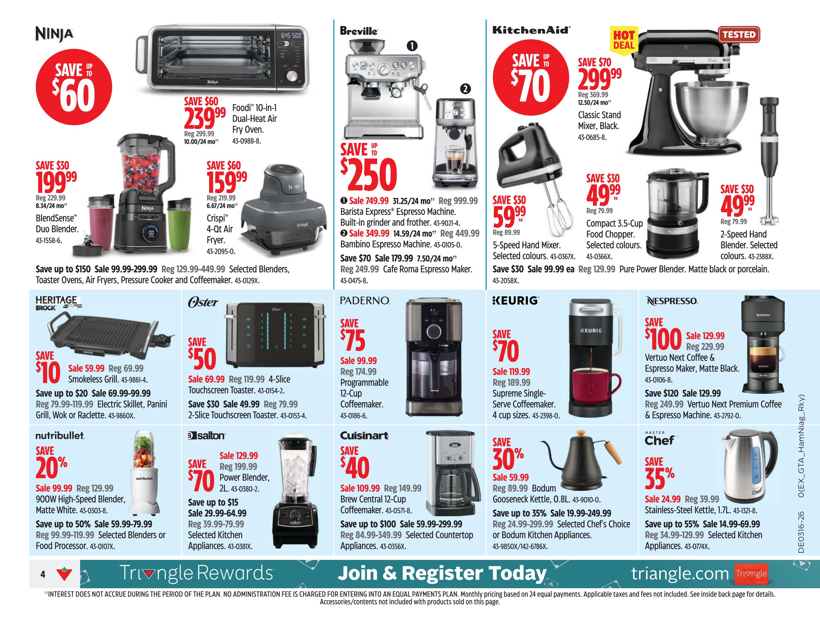 Canadian Tire Western Canada flyer page 4 features a variety of kitchen appliances on sale. Ninja offers savings up to $60 on a Foodi 10-in-1 Dual-Heat Air Fry Oven for $239.99, and up to $60 on a Crispi 4-qt Air Fryer for $159.99. The BlendSense Duo Blender is on sale for $199.99 (save $30). Breville showcases the Barista Express Espresso Machine for $749.99 (save $250), the Bambino Espresso Machine for $349.99 (save $70), and the Cafe Roma Espresso Maker for $179.99 (save $70). KitchenAid has a Classic Stand Mixer in black for $299.99 (save $70), a 5-Speed Hand Mixer for $59.99 (save $30), a Compact 3.5-Cup Food Chopper for $49.99 (save $30), and a 2-Speed Hand Blender for $49.99 (save $30). Heritage Brock offers a Smokeless Grill for $59.99 (save $10), and savings on Electric Skillets, Panini Grills, Woks, or Raclettes. Oster features a 4-Slice Touchscreen Toaster for $69.99 (save $50) and a 2-Slice Touchscreen Toaster for $49.99 (save $30). Nutribullet has a 900W High-Speed Blender in matte white for $99.99 (save 20%). Salton offers a 2L Power Blender for $129.99 (save $70) and savings on selected kitchen appliances. Paderno has a Programmable 12-Cup Coffeemaker for $99.99 (save $75). Cuisinart offers a Brew Central 12-Cup Coffeemaker for $109.99 (save $40) and savings on selected countertop appliances. Keurig features a Supreme Single-Serve Coffeemaker for $119.99 (save $70). Nespresso has the Vertuo Next Coffee & Espresso Maker for $129.99 (save $100) and the Vertuo Next Premium Coffee & Espresso Machine for $129.99 (save $120). Master Chef offers a Stainless-Steel Kettle for $24.99 (save 35%) and savings on selected kitchen appliances. Savings are available on selected blenders, toaster ovens, air fryers, pressure cookers, coffeemakers, and countertop appliances.