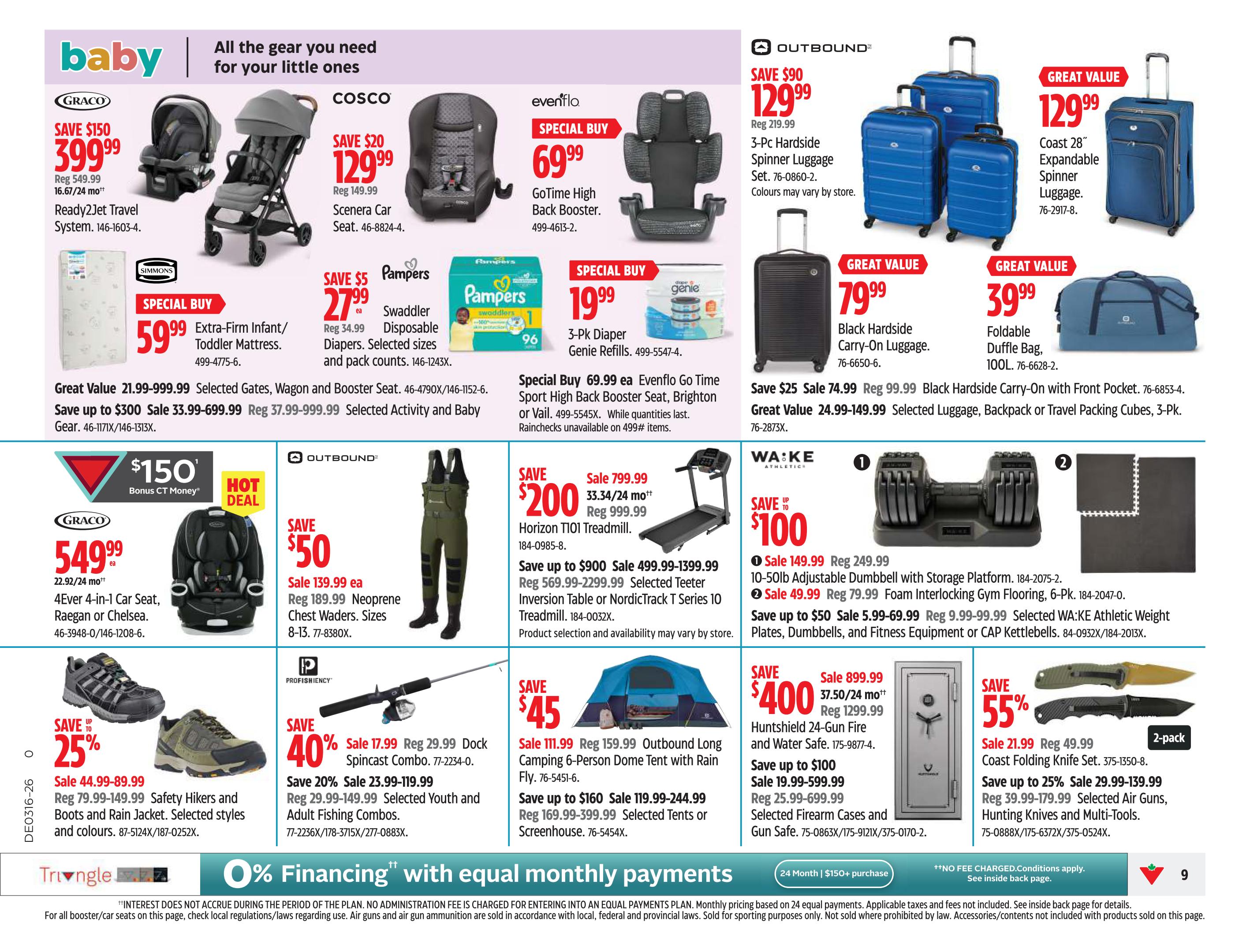 Canadian Tire Weekly Flyer Specials, Page 9. Features baby gear including Graco Ready2Jet Travel System for $399.99, saving $150, and Graco 4Ever 4-in-1 Car Seat for $549.99. Also on sale is a Simmons Extra-Firm Infant/Toddler Mattress for $59.99 and Pampers Swaddler Disposable Diapers for $27.99. Travel and outdoor gear includes Outbound 3-Pc Hardside Spinner Luggage for $129.99, Coast 28' Expandable Luggage for $129.99, Black Hardside Carry-On Luggage for $79.99, and a Foldable Duffle Bag for $39.99. For fitness enthusiasts, save $200 on the Horizon T101 Treadmill, and save up to $100 on WA:KE Athletic Weight Plates, Dumbbells, and Fitness Equipment. Outdoor and hunting items include Neoprene Chest Waders for $50 off, Outbound Long Camping Dome Tent for $45 off, Huntshield 24-Gun Fire and Water Safe for $400 off, and Coast Folding Knife Set for $21.99, saving 55%. Also featured are Youth and Adult Fishing Combos, Safety Hikers and Boots, and selected Air Guns, Hunting Knives and Multi-Tools. 0% financing available with equal monthly payments on purchases of $150 or more.