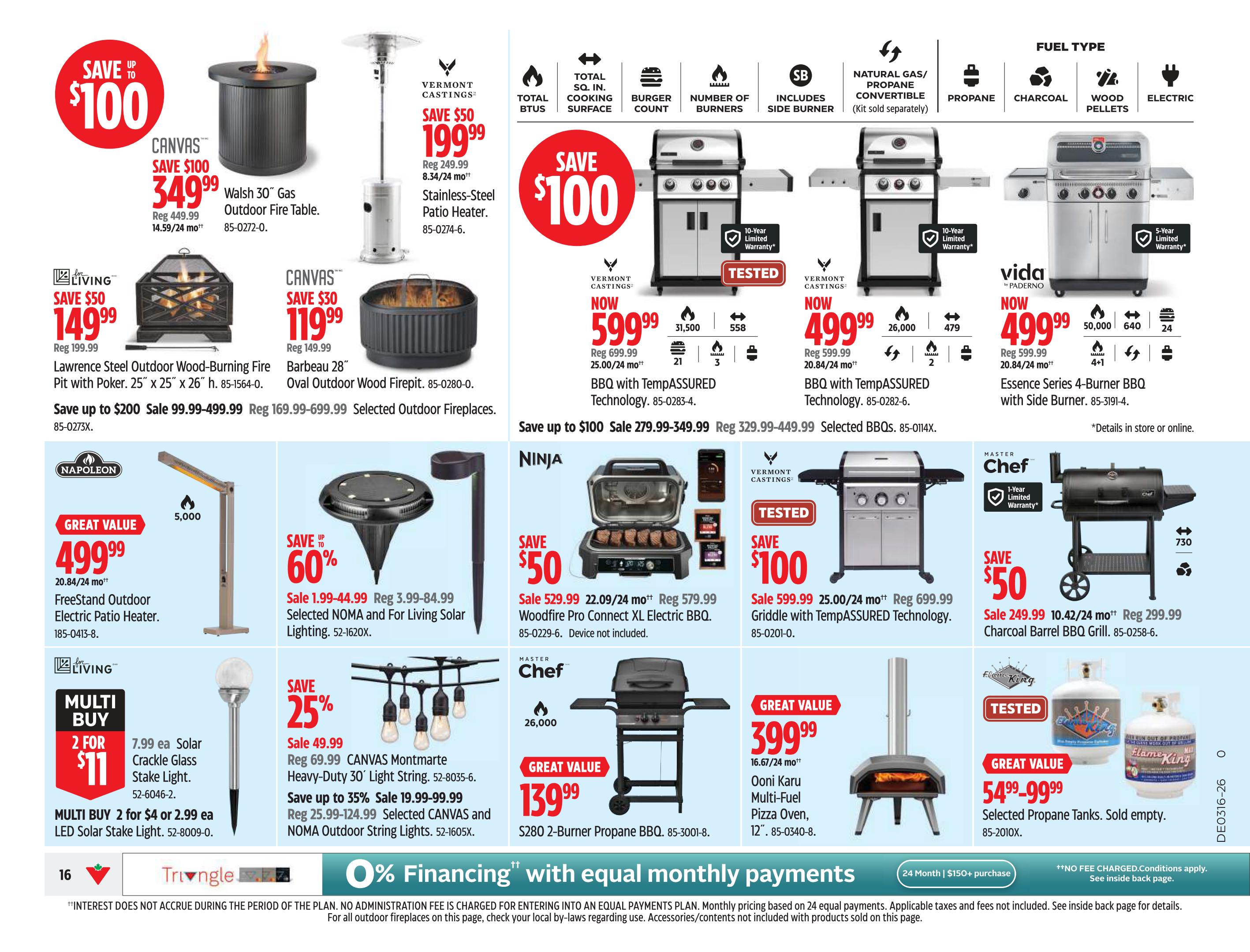 Canadian Tire weekly flyer specials for Western Canada, page 16. Featured items include the CANVAS Save $100 Walsh 30' Gas Outdoor Fire Table for $349.99 (reg $449.99), and the VERMONT CASTINGS Save $50 Stainless-Steel Patio Heater for $199.99 (reg $249.99). Also on sale is the LIVING Save $50 Lawrence Steel Outdoor Wood-Burning Fire Pit with Poker for $149.99 (reg $199.99), and the CANVAS Save $30 Barbeau 28' Oval Outdoor Wood Firepit for $119.99 (reg $149.99). Several BBQs are featured: VERMONT CASTINGS BBQ with TempASSURED Technology now $599.99 (reg $699.99), VIDA by PADERNO Essence Series 4-Burner BBQ with Side Burner now $499.99 (reg $599.99), and MASTER CHEF Charcoal Barrel BBQ Grill on sale for $249.99 (reg $299.99). The NINJA Woodfire Pro Connect XL Electric BBQ is on sale for $529.99 (reg $579.99). Other items include the Napoleon FreeStand Outdoor Electric Patio Heater for $499.99, selected NOMA and For Living Solar Lighting with up to 60% off, and MULTI BUY 2 for $11 or $7.99 ea Solar Crackle Glass Stake Lights. Also available are MULTI BUY 2 for $4 or $2.99 ea LED Solar Stake Lights. Selected CANVAS and NOMA Outdoor String Lights are on sale with savings up to 35%. The Ooni Karu Multi-Fuel Pizza Oven is $399.99. Selected Propane Tanks are $54.99-$99.99. Financing options are available with 0% interest on equal monthly payments for purchases of $150+.