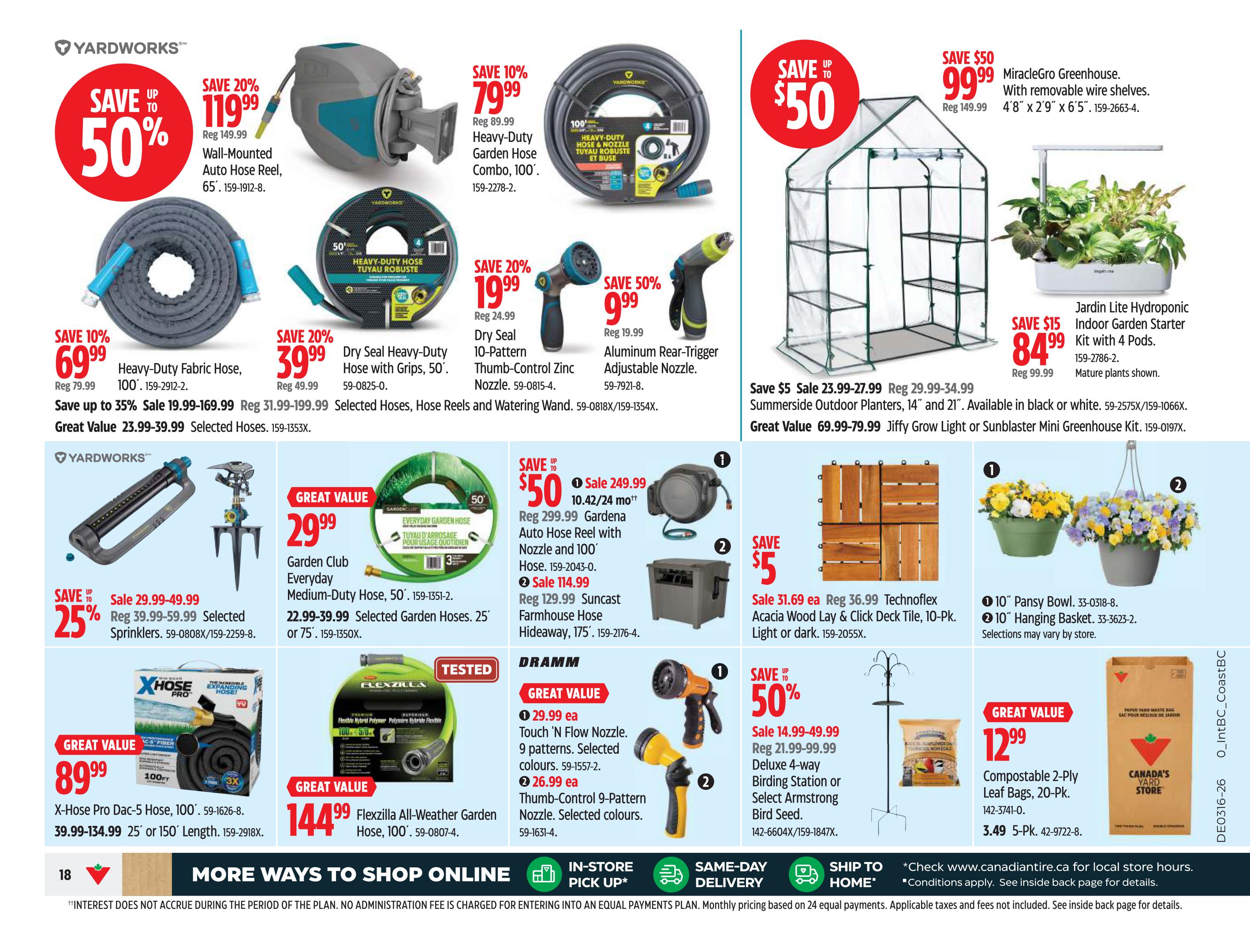 Canadian Tire Weekly Flyer Specials Page 18 features a variety of gardening and outdoor products. Top row includes a Yardworks Wall-Mounted Auto Hose Reel for $119.99 (Save 20%), a Yardworks Heavy-Duty Garden Hose Combo, 100' for $79.99 (Save 10%), a Yardworks Dry Seal Heavy-Duty Hose with Grips, 50' for $39.99 (Save 20%), a Yardworks 10-Pattern Thumb-Control Zinc Nozzle for $19.99 (Save 20%), and an Aluminum Rear-Trigger Adjustable Nozzle for $9.99 (Save 50%). Also featured is a MiracleGro Greenhouse for $99.99 (Save $50) and a Jardin Lite Hydroponic Indoor Garden Starter Kit with 4 Pods for $84.99 (Save $15). Mid-page offers a Yardworks Heavy-Duty Fabric Hose, 100' for $69.99 (Save 10%), Garden Club Everyday Medium-Duty Hose, 50' for $29.99, a Yardworks Summerside Outdoor Planters, 14' and 21' starting at $23.99 (Save $5), and Jiffy Grow Light or Sunblaster Mini Greenhouse Kit. Lower section includes a Yardworks Sprinkler for $29.99-$49.99 (Save up to 25%), a Technoflex Acacia Wood Lay & Click Deck Tile, 10-Pk. for $31.69 (Save $5), a X-Hose Pro Dac-5 Hose, 100' for $89.99, a Flexzilla All-Weather Garden Hose, 100' for $144.99, a Pansy Bowl for $29.99, a Hanging Basket for $114.99, and Compostable 2-Ply Leaf Bags, 20-Pk. for $12.99. The page also highlights a bird feeding station and a garden hose hideaway.