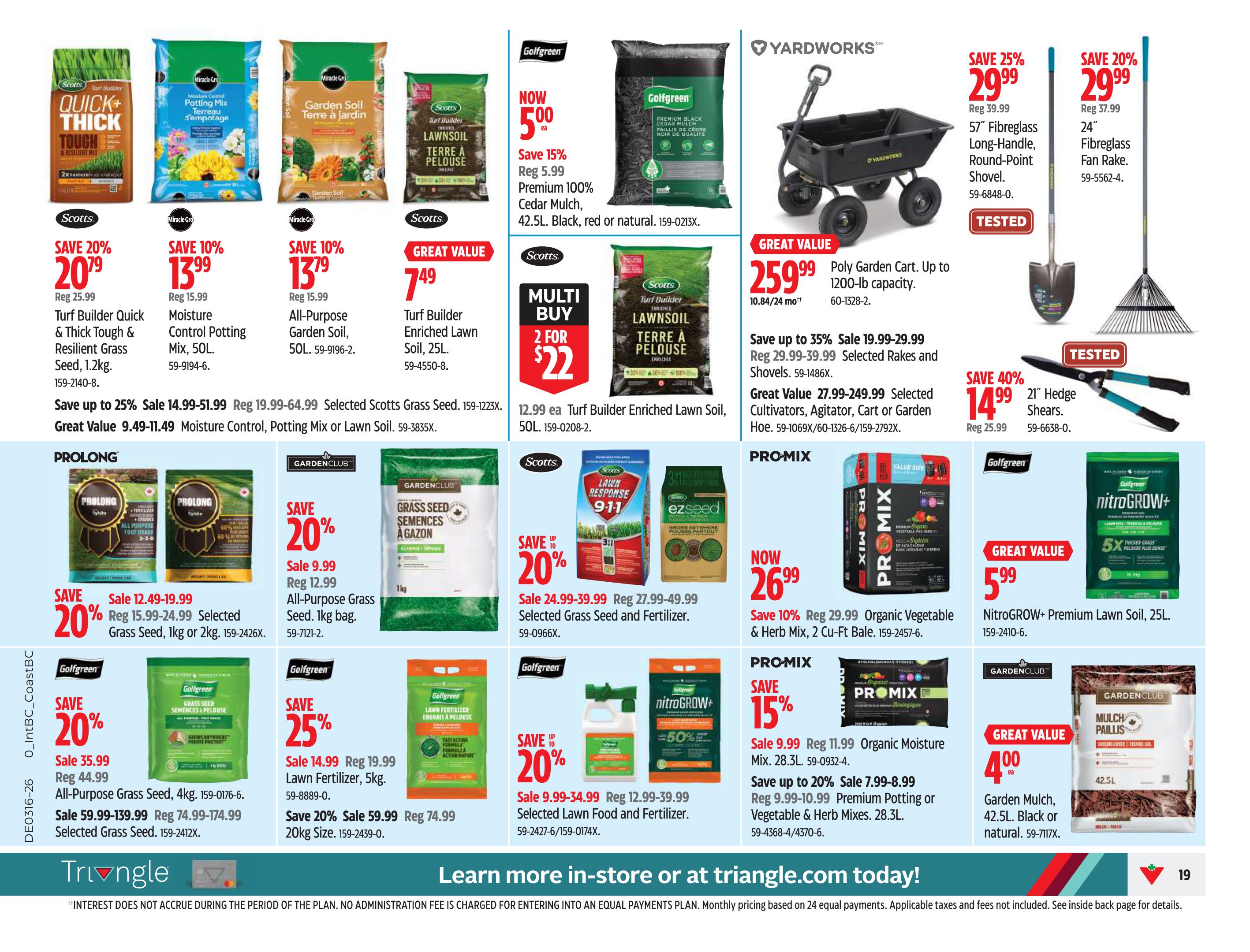 Page 19 of the Canadian Tire flyer features a variety of lawn and garden products. Top row includes Scotts Turf Builder Quick & Thick Tough & Resilient Grass Seed, 1.2kg, on sale for $20.79 (save 20%); Miracle-Gro Moisture Control Potting Mix, 50L, for $13.99 (save 10%); Miracle-Gro All-Purpose Garden Soil, 50L, for $13.79 (save 10%); Scotts Turf Builder Enriched Lawn Soil, 25L, for $7.49; Golfgreen Premium 100% Cedar Mulch, 42.5L, for $5.00 (save 15%); and a Yardworks Poly Garden Cart with up to 1200-lb capacity for $25.99. Also featured are Scotts Turf Builder Enriched Lawn Soil, 50L, 2 for $22; a 57' Fibreglass Long-Handle, Round-Point Shovel for $29.99 (save 25%); and a 24' Fibreglass Fan Rake for $29.99 (save 20%). Bottom row highlights include Scotts Grass Seed, 1kg or 2kg, for $12.49 (save 20%); GardenClub All-Purpose Grass Seed, 1kg, for $9.99 (save 20%); Scotts Grass Seed and Fertilizer for $24.99 (save up to 20%); Golfgreen All-Purpose Grass Seed, 4kg, for $35.99 (save 20%); Golfgreen Lawn Fertilizer, 5kg, for $14.99 (save 20%); and Golfgreen NitroGROW+ Premium Lawn Soil, 25L, for $5.99. Additional items on sale are PRO-MIX Organic Vegetable & Herb Mix, 2 Cu-Ft Bale, for $26.99 (save 10%); PRO-MIX Organic Moisture Mix, 28.3L, for $9.99 (save 15%); PRO-MIX Premium Potting or Vegetable & Herb Mixes, 28.3L, for $7.99 (save up to 20%); and GardenClub Mulch Pailis, 42.5L, for $4.00.
