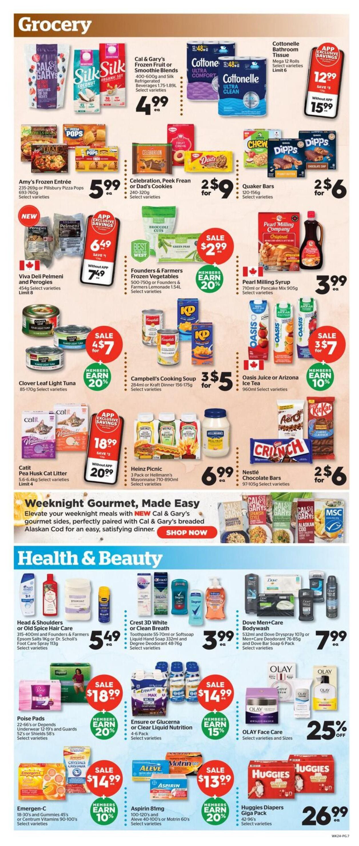 Calgary Co-op grocery and health & beauty flyer page 8. Grocery items include Cal & Gary's Frozen Fruit or Smoothie Blends for $4.99, Silk Refrigerated Beverages for $4.99, Cottonelle Bathroom Tissue Mega 12 Rolls for $12.99 (save $3), Amy's Frozen Entrée or Pillsbury Pizza Pops for $5.99, Celebration, Peek Frean or Dad's Cookies for 2 for $9, Quaker Bars for 2 for $6, Viva Deli Pelmeni and Perogies for $6.49 (save $1) with app exclusive savings, Founders & Farmers Frozen Vegetables or Farmers Lemonade for $2.99 with members earning 20% back, Pearl Milling Company Syrup for $3.99, Clover Leaf Light Tuna for $4 for $7 with members earning 20% back, Campbell's Cooking Soup or Kraft Dinner for 3 for $5, Oasis Juice or Arizona Ice Tea for 3 for $7 with members earning 10% back, Catit Pea Husk Cat Litter for $18.99 (save $2) with app exclusive savings, Heinz Picnic 3 Pack or Hellmann's Mayonnaise for $6.99, Nestlé Chocolate Bars for 2 for $6. The 'Weeknight Gourmet, Made Easy' section features Cal & Gary's breaded Alaskan Cod. Health & Beauty items include Head & Shoulders or Old Spice Hair Care, Founders & Farmers Epsom Salts or Dr. Scholl's Foot Care Spray for $5.49, Crest 3D White or Clean Breath products for $3.99, Dove Men+Care Bodywash for $7.99, Poise Pads for $18.99 with members earning 20% back, Ensure or Glucerna or Clear Liquid Nutrition for $14.99 with members earning 15% back, Olay Face Care with 25% off, Emergen-C or Centrum Vitamins for $14.99 with members earning 10% back, Aspirin 81mg or Aleve or Motrin 60's for $13.99 with members earning 20% back, and Huggies Diapers Giga Pack for $26.99.