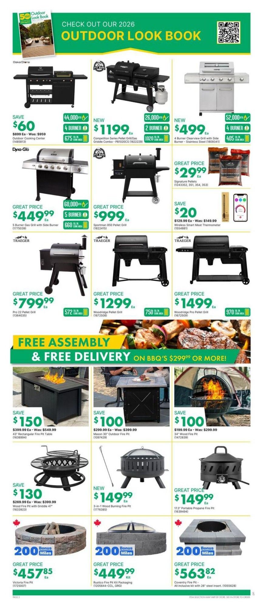 Kent weekly flyer specials page 5 features a 2026 Outdoor Look Book with various grills and fire pits. Featured items include a Dyna-Glo 5 Burner Gas Grill with Side Burner for $449.99, a Pit Boss Competition Series Pellet Grill/Gas Griddle Combo for $1199, and a Pit Boss Sportman 850 Pellet Grill for $999. Also available are Traeger Pro 22 Pellet Grill for $799.99, Traeger Woodbridge Pellet Grill for $1299, and Traeger Woodbridge Pro Pellet Grill for $1499. Other grills include a 4 Burner Clearview Grill with Side Burner for $499.99. Accessories and fire pits include Signature Pellets for $29.99, a Wireless Smart Meat Thermometer on sale for $129.99 (was $149.99), a 43' Rectangular Fire Pit Table for $399.99 (was $549.99), a Mason 30' Outdoor Fire Pit for $299.99 (was $399.99), and a 34' Wood Fire Pit for $199.99 (was $299.99). New items include a 3-in-1 Wood Burning Fire Pit for $149.99 and a 17.3' Portable Propane Fire Pit for $149.99. Stone fire pits include the Victoria Fire Pit for $457.85 and the Rustico Fire Pit Kit Packaging for $449.99, both with 200 bonus miles. The Coventry Fire Pit, an all-inclusive kit with a 26' steel insert, is priced at $563.82 with 200 bonus miles. Free assembly and free delivery are offered on BBQs $299.99 or more.